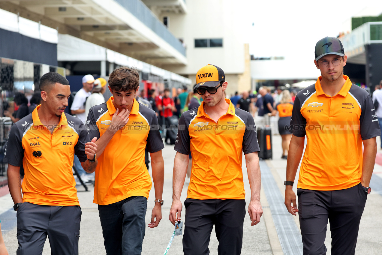 GP USA, McLaren IndyCar drivers (From second (L to R)): Nolan Siegel (USA); Pato O'Ward (MEX); Christian Lundgaard (DEN).
16.10.2025. Formula 1 World Championship, Rd 19, United States Grand Prix, Austin, Texas, USA, Preparation Day.
- www.xpbimages.com, EMail: requests@xpbimages.com © Copyright: Bearne / XPB Images