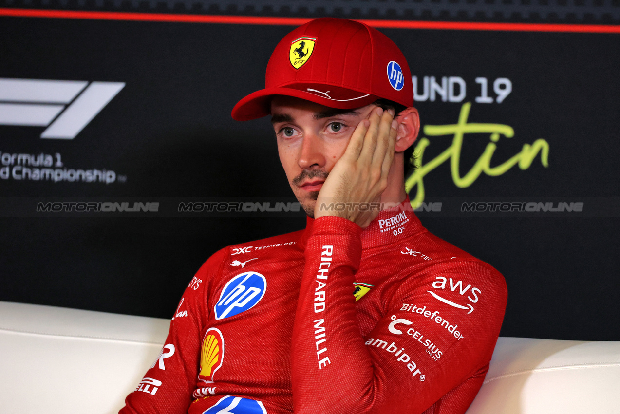 GP USA, Charles Leclerc (MON) Ferrari in the post qualifying FIA Press Conference.
18.10.2025. Formula 1 World Championship, Rd 19, United States Grand Prix, Austin, Texas, USA, Sprint e Qualifiche Day.
- www.xpbimages.com, EMail: requests@xpbimages.com © Copyright: Moy / XPB Images
