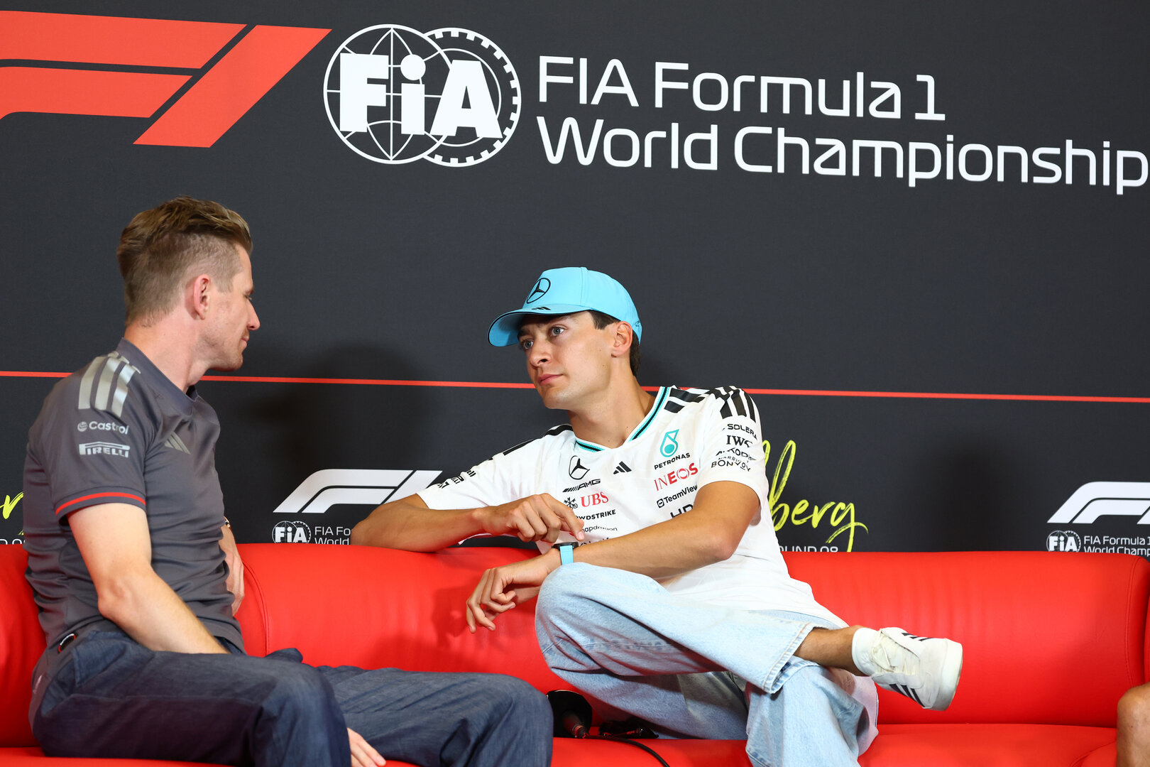GP AUSTRIA, (L to R): Nico Hulkenberg (GER) Audi F1 Team e George Russell (GBR) Mercedes AMG Formula One Team in the FIA Press Conference.
25.06.2026. Formula 1 World Championship, Rd 8, Austrian Grand Prix, Spielberg, Austria, Preparation Day.
- www.xpbimages.com, EMail: requests@xpbimages.com © Copyright: Bearne / XPB Images