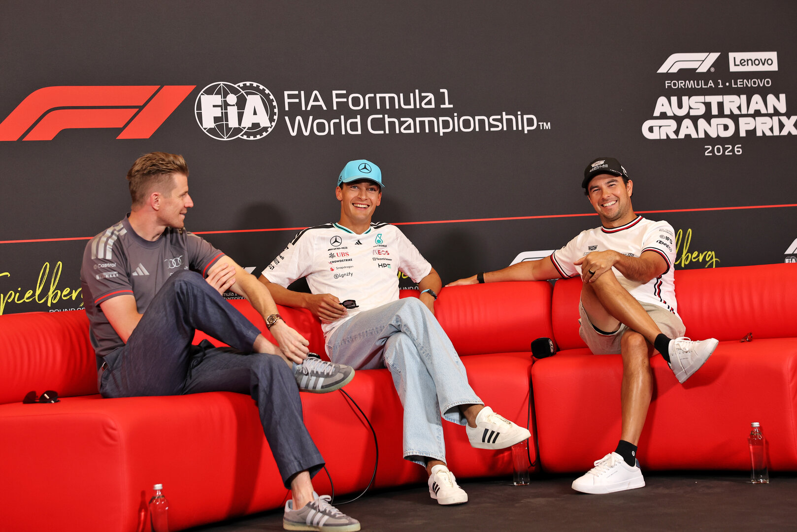 GP AUSTRIA, (L to R): Nico Hulkenberg (GER) Audi F1 Team; George Russell (GBR) Mercedes AMG Formula One Team; e Sergio Perez (MEX) Cadillac Formula 1 Team, in the FIA Press Conference.
25.06.2026. Formula 1 World Championship, Rd 8, Austrian Grand Prix, Spielberg, Austria, Preparation Day.
- www.xpbimages.com, EMail: requests@xpbimages.com © Copyright: Bearne / XPB Images