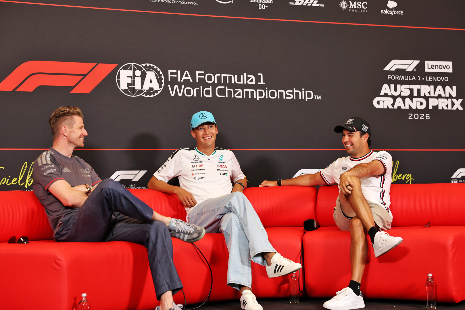 GP AUSTRIA, (L to R): Nico Hulkenberg (GER) Audi F1 Team; George Russell (GBR) Mercedes AMG Formula One Team; e Sergio Perez (MEX) Cadillac Formula 1 Team, in the FIA Press Conference.
25.06.2026. Formula 1 World Championship, Rd 8, Austrian Grand Prix, Spielberg, Austria, Preparation Day.
- www.xpbimages.com, EMail: requests@xpbimages.com © Copyright: Bearne / XPB Images