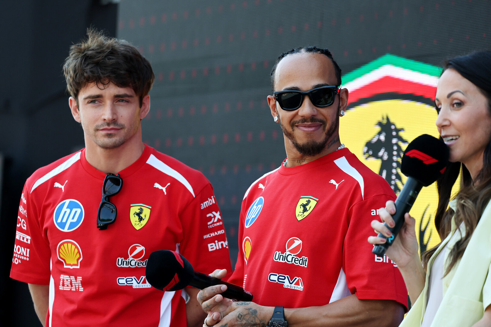 GP AUSTRIA, (L to R): Charles Leclerc (MON) Ferrari e Lewis Hamilton (GBR) Ferrari on the FanZone Stage.
26.06.2026. Formula 1 World Championship, Rd 8, Austrian Grand Prix, Spielberg, Austria, Practice Day.
- www.xpbimages.com, EMail: requests@xpbimages.com © Copyright: Moy / XPB Images