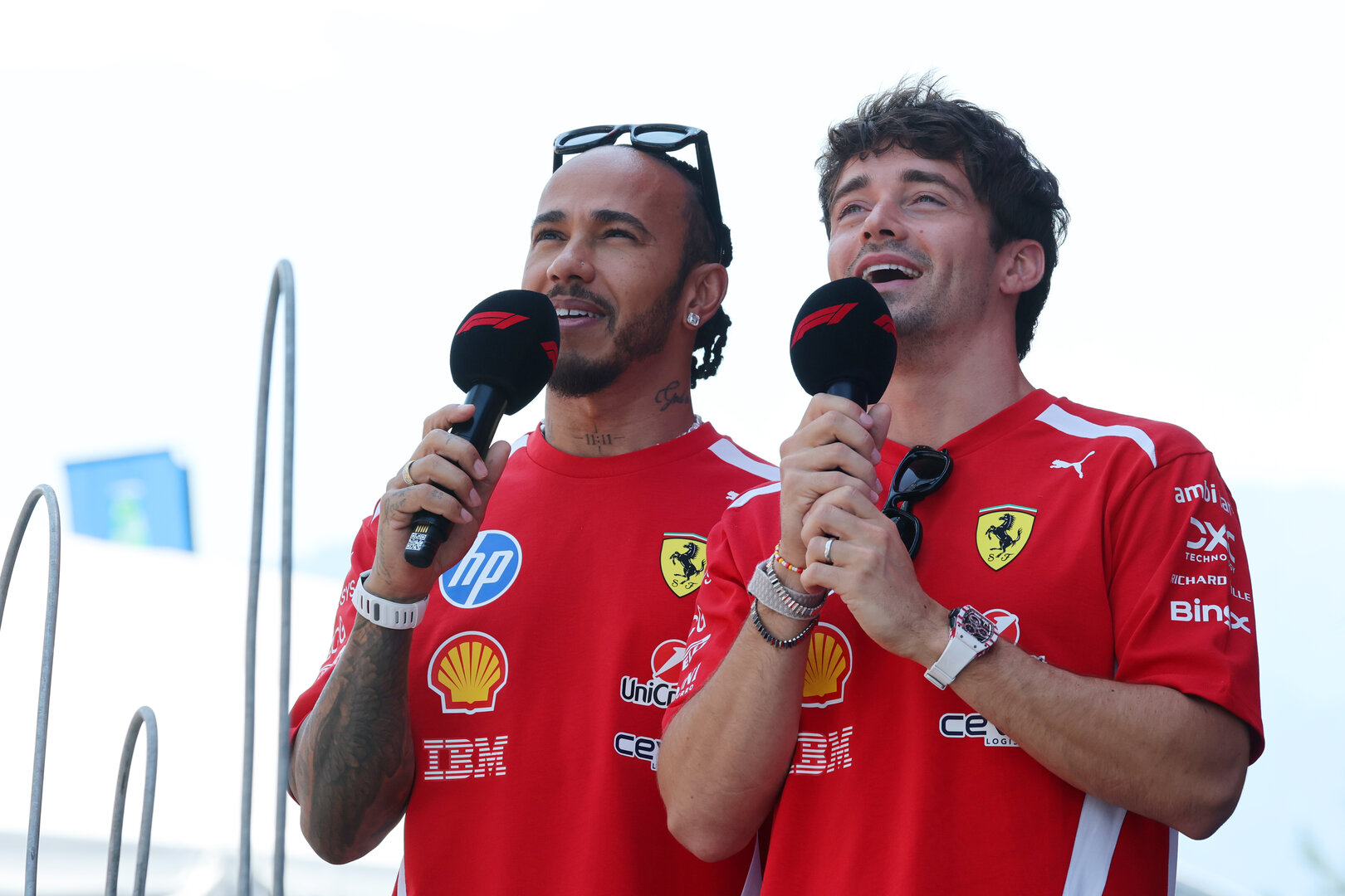GP AUSTRIA, Lewis Hamilton (GBR) Ferrari e Charles Leclerc (MON) Ferrari on the FanZone Stage.
26.06.2026. Formula 1 World Championship, Rd 8, Austrian Grand Prix, Spielberg, Austria, Practice Day.
- www.xpbimages.com, EMail: requests@xpbimages.com © Copyright: Moy / XPB Images