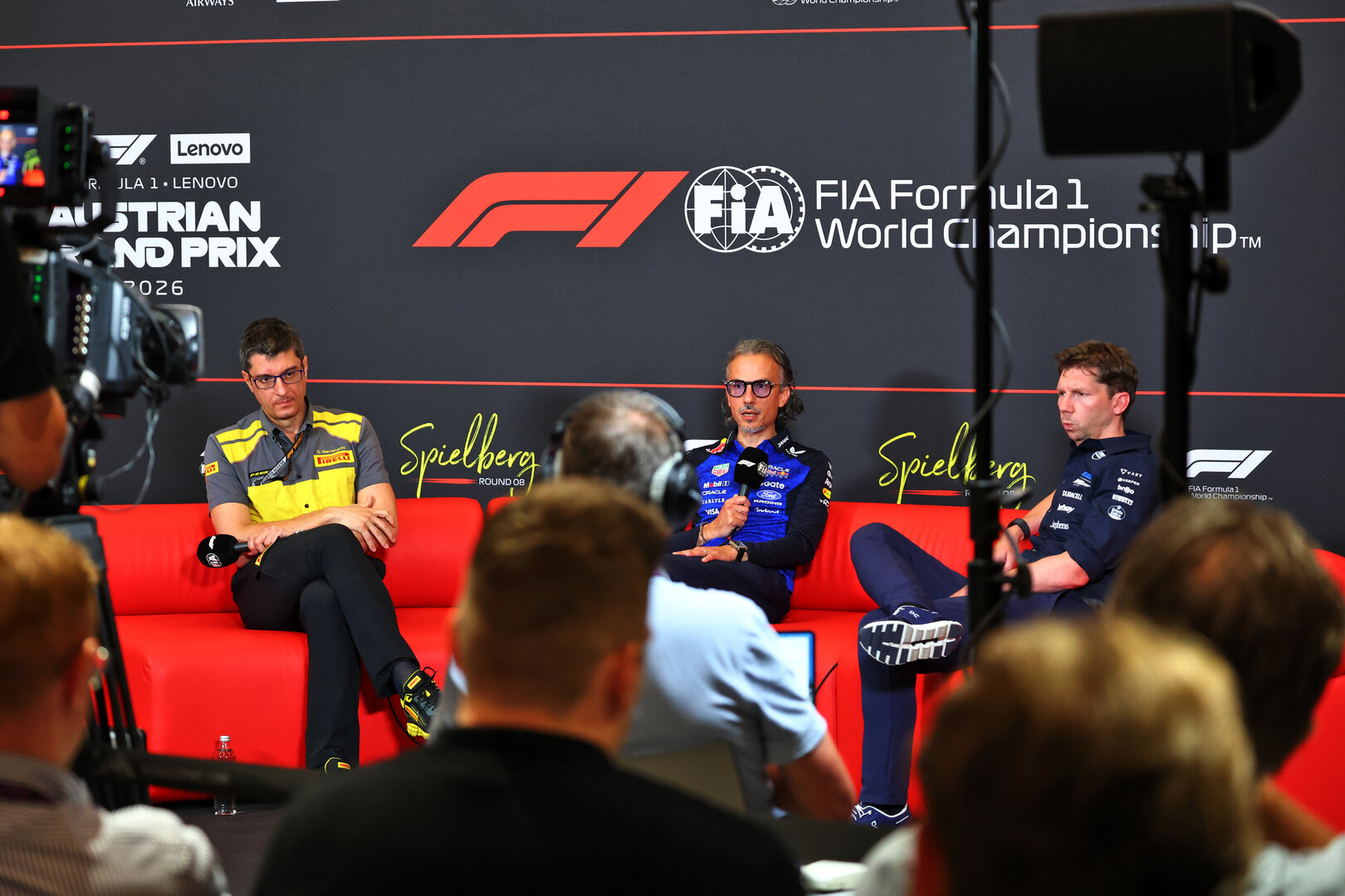 GP AUSTRIA, (L to R): Dario Marrafuschi (ITA) Head of Pirelli Motorsport Business Unit; Laurent Mekies (FRA) Red Bull Racing Team Principal e CEO; e James Vowles (GBR) Williams F1 Team, Team Principal, in the FIA Press Conference.
26.06.2026. Formula 1 World Championship, Rd 8, Austrian Grand Prix, Spielberg, Austria, Practice Day.
- www.xpbimages.com, EMail: requests@xpbimages.com © Copyright: Bearne / XPB Images