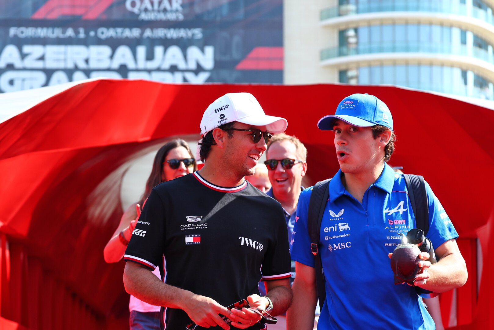 GP AZERBAIJAN, (L to R): Sergio Perez (MEX) Cadillac Formula 1 Team with Franco Colapinto (ARG) Alpine F1 Team.
24.09.2026. Formula One World Championship, Rd 15, Azerbaijan Grand Prix, Baku, Azerbaijan, Practice Day.
- www.xpbimages.com, EMail: requests@xpbimages.com © Copyright: Bearne / XPB Images