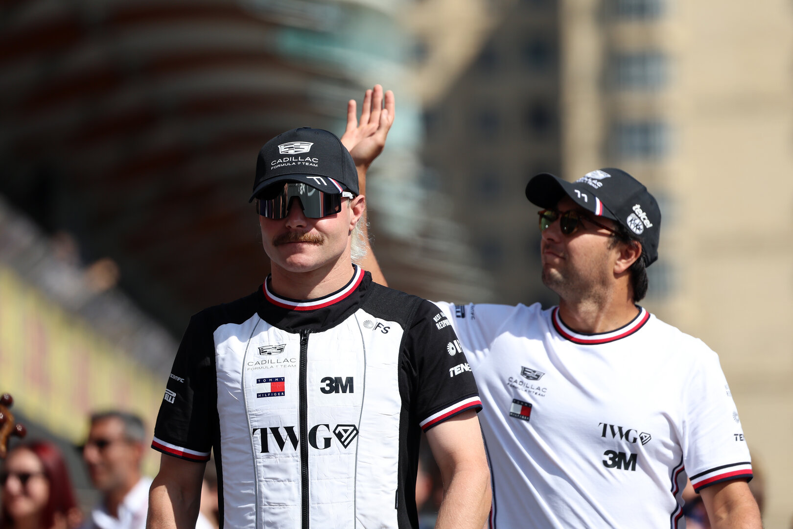 GP AZERBAIJAN, Valtteri Bottas (FIN) Cadillac Formula 1 Team e Sergio Perez (MEX) Cadillac Formula 1 Team on the drivers' parade.
26.09.2026. Formula One World Championship, Rd 15, Azerbaijan Grand Prix, Baku, Azerbaijan, Gara Day.
 - www.xpbimages.com, EMail: requests@xpbimages.com © Copyright:  Rew / XPB Images