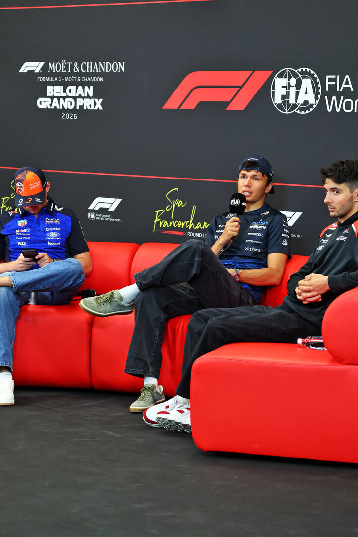 GP BELGIO, (L to R): Max Verstappen (NLD) Red Bull Racing; Alexander Albon (THA) Williams F1 Team; e Esteban Ocon (FRA) Haas F1 Team in the FIA Press Conference.
16.07.2026. Formula 1 World Championship, Rd 10, Belgian Grand Prix, Spa Francorchamps, Belgium, Preparation Day.
- www.xpbimages.com, EMail: requests@xpbimages.com © Copyright: Bearne / XPB Images
