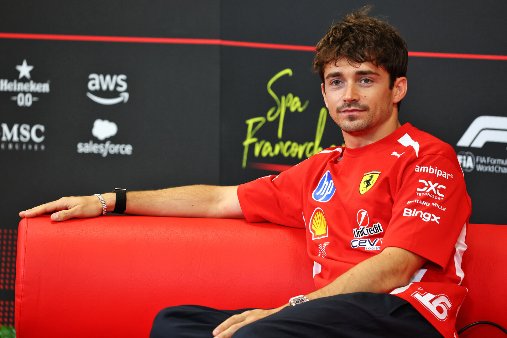 GP BELGIO, Charles Leclerc (MON) Ferrari in the FIA Press Conference.
16.07.2026. Formula 1 World Championship, Rd 10, Belgian Grand Prix, Spa Francorchamps, Belgium, Preparation Day.
- www.xpbimages.com, EMail: requests@xpbimages.com © Copyright: Bearne / XPB Images