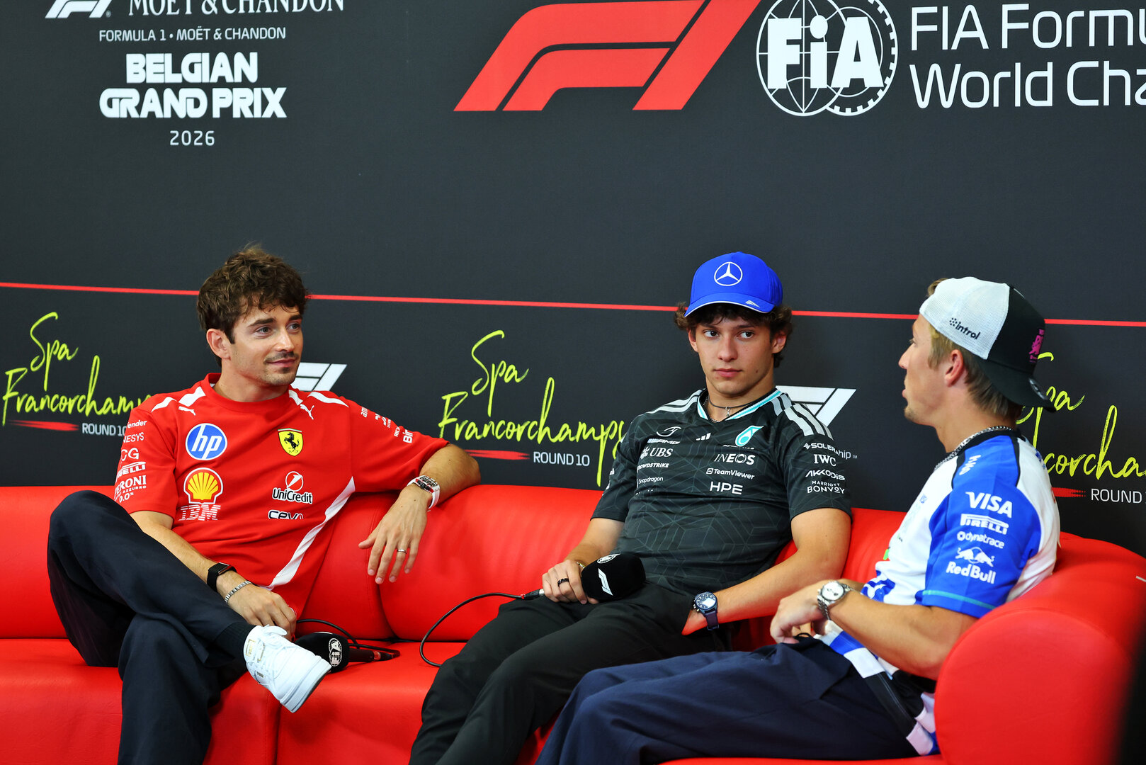 GP BELGIO, (L to R): Charles Leclerc (MON) Ferrari; Andrea Kimi Antonelli (ITA) Mercedes AMG Formula One Team; e Liam Lawson (NZL) Racing Bulls Formula One Team, in the FIA Press Conference.
16.07.2026. Formula 1 World Championship, Rd 10, Belgian Grand Prix, Spa Francorchamps, Belgium, Preparation Day.
- www.xpbimages.com, EMail: requests@xpbimages.com © Copyright: Bearne / XPB Images