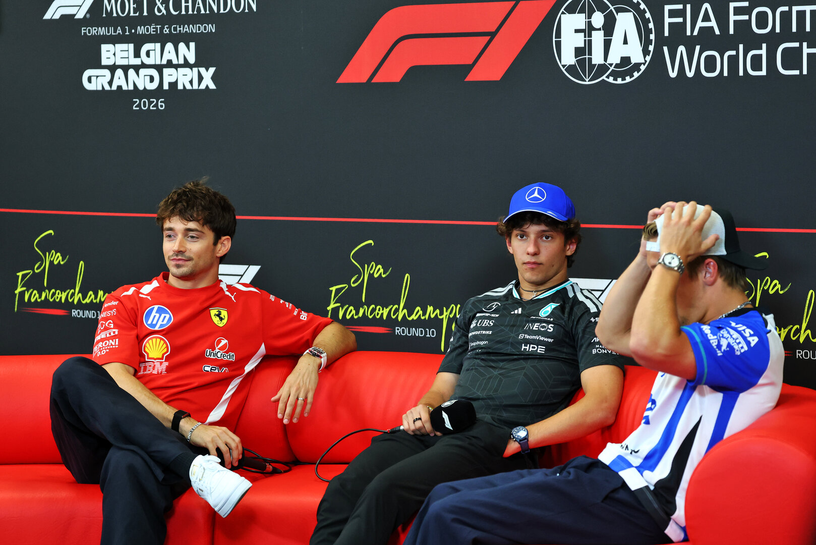 GP BELGIO, (L to R): Charles Leclerc (MON) Ferrari; Andrea Kimi Antonelli (ITA) Mercedes AMG Formula One Team; e Liam Lawson (NZL) Racing Bulls Formula One Team, in the FIA Press Conference.
16.07.2026. Formula 1 World Championship, Rd 10, Belgian Grand Prix, Spa Francorchamps, Belgium, Preparation Day.
- www.xpbimages.com, EMail: requests@xpbimages.com © Copyright: Bearne / XPB Images