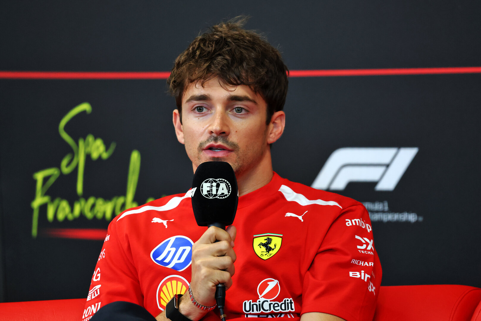 GP BELGIO, Charles Leclerc (MON) Ferrari in the FIA Press Conference.
16.07.2026. Formula 1 World Championship, Rd 10, Belgian Grand Prix, Spa Francorchamps, Belgium, Preparation Day.
- www.xpbimages.com, EMail: requests@xpbimages.com © Copyright: Bearne / XPB Images