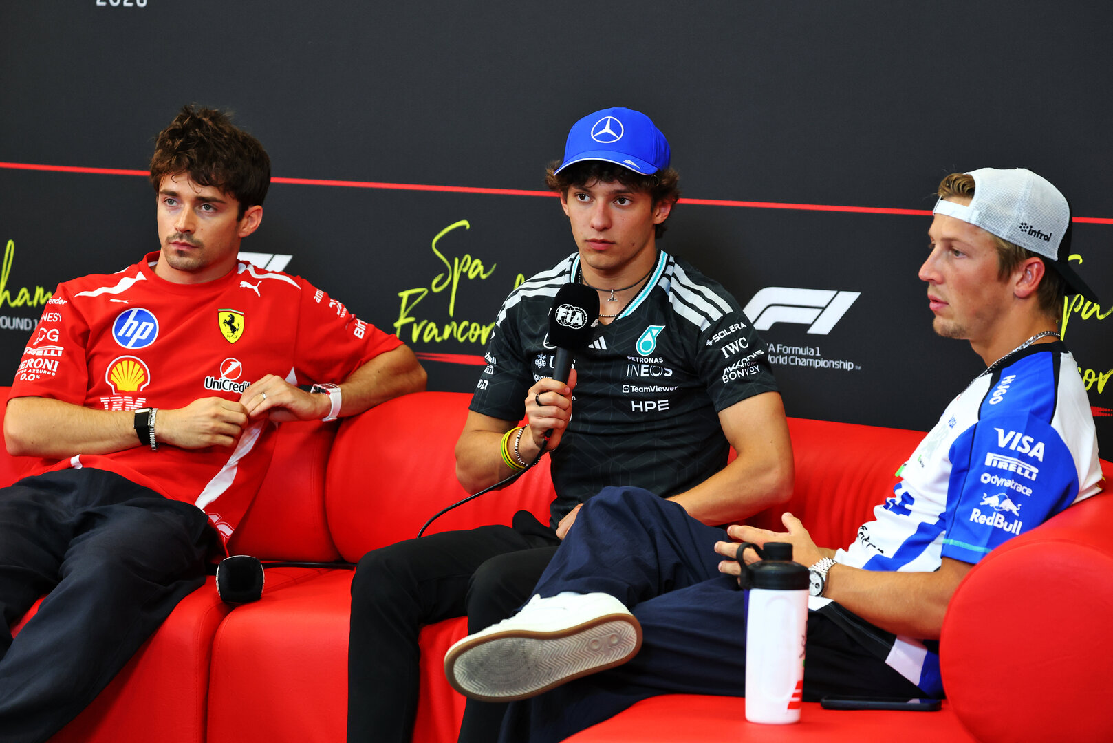 GP BELGIO, (L to R): Charles Leclerc (MON) Ferrari; Andrea Kimi Antonelli (ITA) Mercedes AMG Formula One Team; e Liam Lawson (NZL) Racing Bulls Formula One Team, in the FIA Press Conference.
16.07.2026. Formula 1 World Championship, Rd 10, Belgian Grand Prix, Spa Francorchamps, Belgium, Preparation Day.
- www.xpbimages.com, EMail: requests@xpbimages.com © Copyright: Bearne / XPB Images