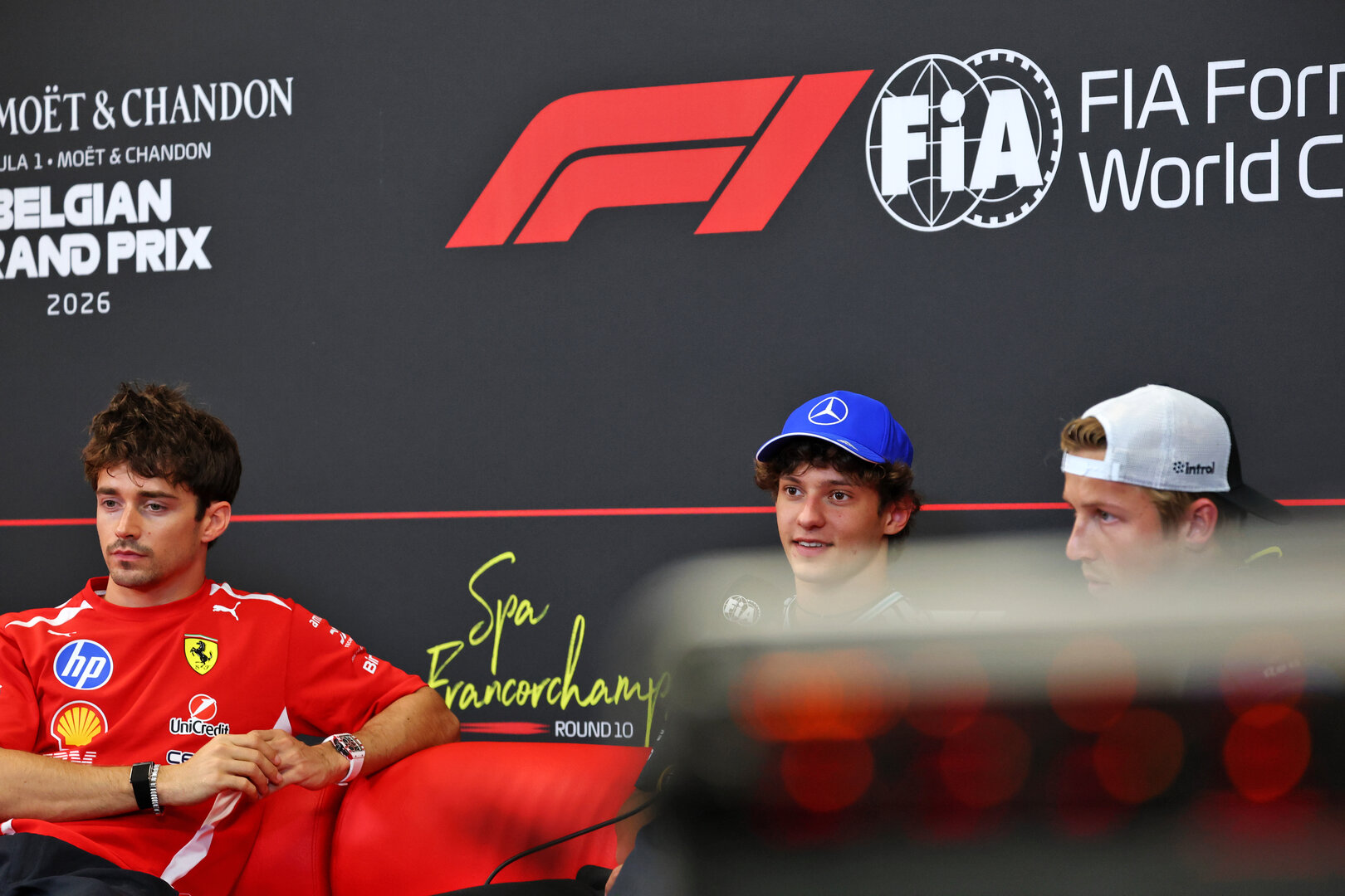 GP BELGIO, (L to R): Charles Leclerc (MON) Ferrari; Andrea Kimi Antonelli (ITA) Mercedes AMG Formula One Team; e Liam Lawson (NZL) Racing Bulls Formula One Team, in the FIA Press Conference.
16.07.2026. Formula 1 World Championship, Rd 10, Belgian Grand Prix, Spa Francorchamps, Belgium, Preparation Day.
- www.xpbimages.com, EMail: requests@xpbimages.com © Copyright: Bearne / XPB Images