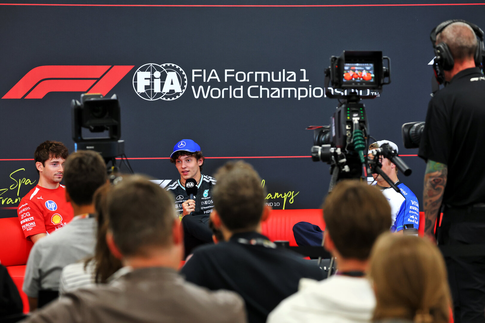GP BELGIO, (L to R): Charles Leclerc (MON) Ferrari; Andrea Kimi Antonelli (ITA) Mercedes AMG Formula One Team; e Liam Lawson (NZL) Racing Bulls Formula One Team, in the FIA Press Conference.
16.07.2026. Formula 1 World Championship, Rd 10, Belgian Grand Prix, Spa Francorchamps, Belgium, Preparation Day.
- www.xpbimages.com, EMail: requests@xpbimages.com © Copyright: Bearne / XPB Images