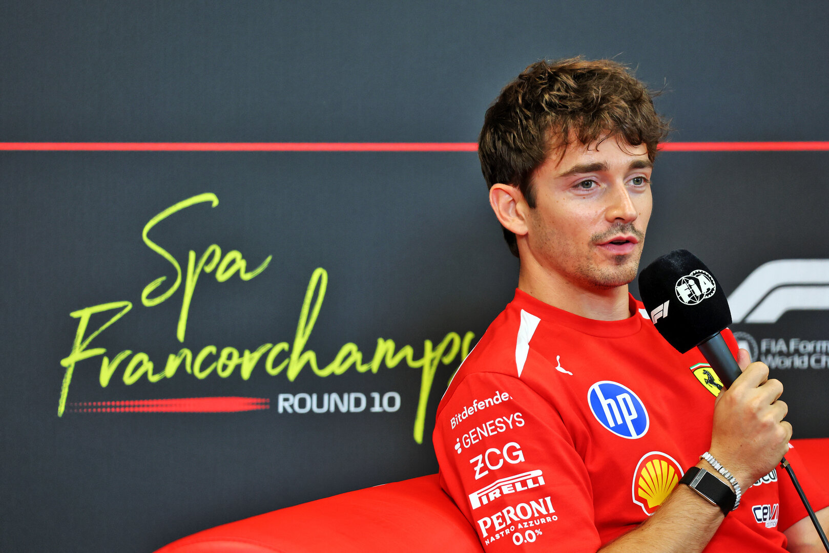 GP BELGIO, Charles Leclerc (MON) Ferrari in the FIA Press Conference.
16.07.2026. Formula 1 World Championship, Rd 10, Belgian Grand Prix, Spa Francorchamps, Belgium, Preparation Day.
- www.xpbimages.com, EMail: requests@xpbimages.com © Copyright: Bearne / XPB Images