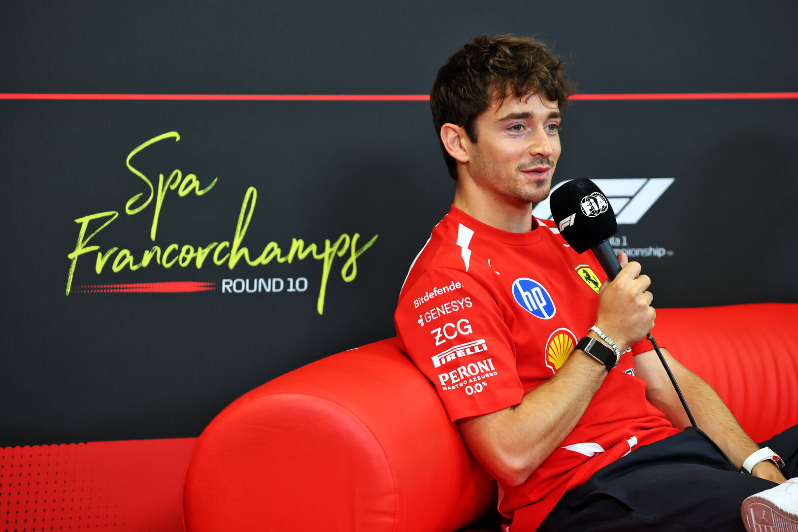 GP BELGIO, Charles Leclerc (MON) Ferrari in the FIA Press Conference.
16.07.2026. Formula 1 World Championship, Rd 10, Belgian Grand Prix, Spa Francorchamps, Belgium, Preparation Day.
- www.xpbimages.com, EMail: requests@xpbimages.com © Copyright: Bearne / XPB Images