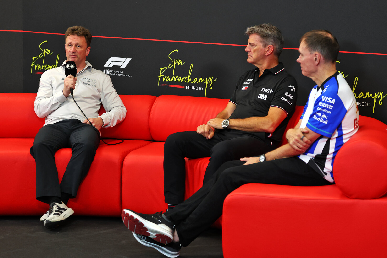 GP BELGIO, (L to R): Allan McNish (GBR) Audi F1 Team Racing Director; Graeme Lowdon (GBR) Cadillac Formula 1 Team, Team Principal; e Alan Permane (GBR) Racing Bulls Formula One Team Team Principal, in the FIA Press Conference in the FIA Press Conference.
17.07.2026. Formula 1 World Championship, Rd 10, Belgian Grand Prix, Spa Francorchamps, Belgium, Practice Day.
 - www.xpbimages.com, EMail: requests@xpbimages.com © Copyright: Patching / XPB Images