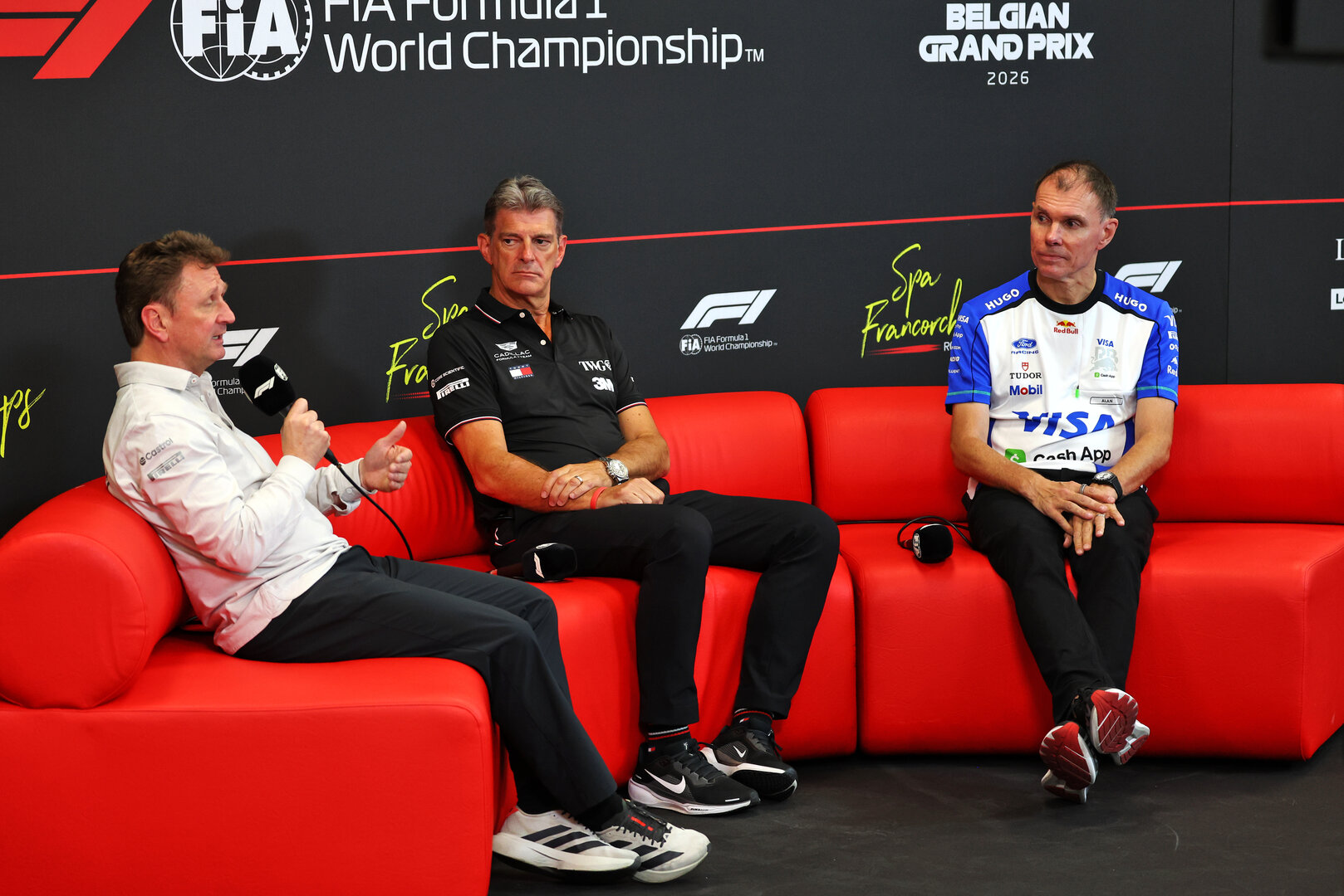 GP BELGIO, (L to R): Allan McNish (GBR) Audi F1 Team Racing Director; Graeme Lowdon (GBR) Cadillac Formula 1 Team, Team Principal; e Alan Permane (GBR) Racing Bulls Formula One Team Team Principal, in the FIA Press Conference in the FIA Press Conference.
17.07.2026. Formula 1 World Championship, Rd 10, Belgian Grand Prix, Spa Francorchamps, Belgium, Practice Day.
 - www.xpbimages.com, EMail: requests@xpbimages.com © Copyright: Patching / XPB Images