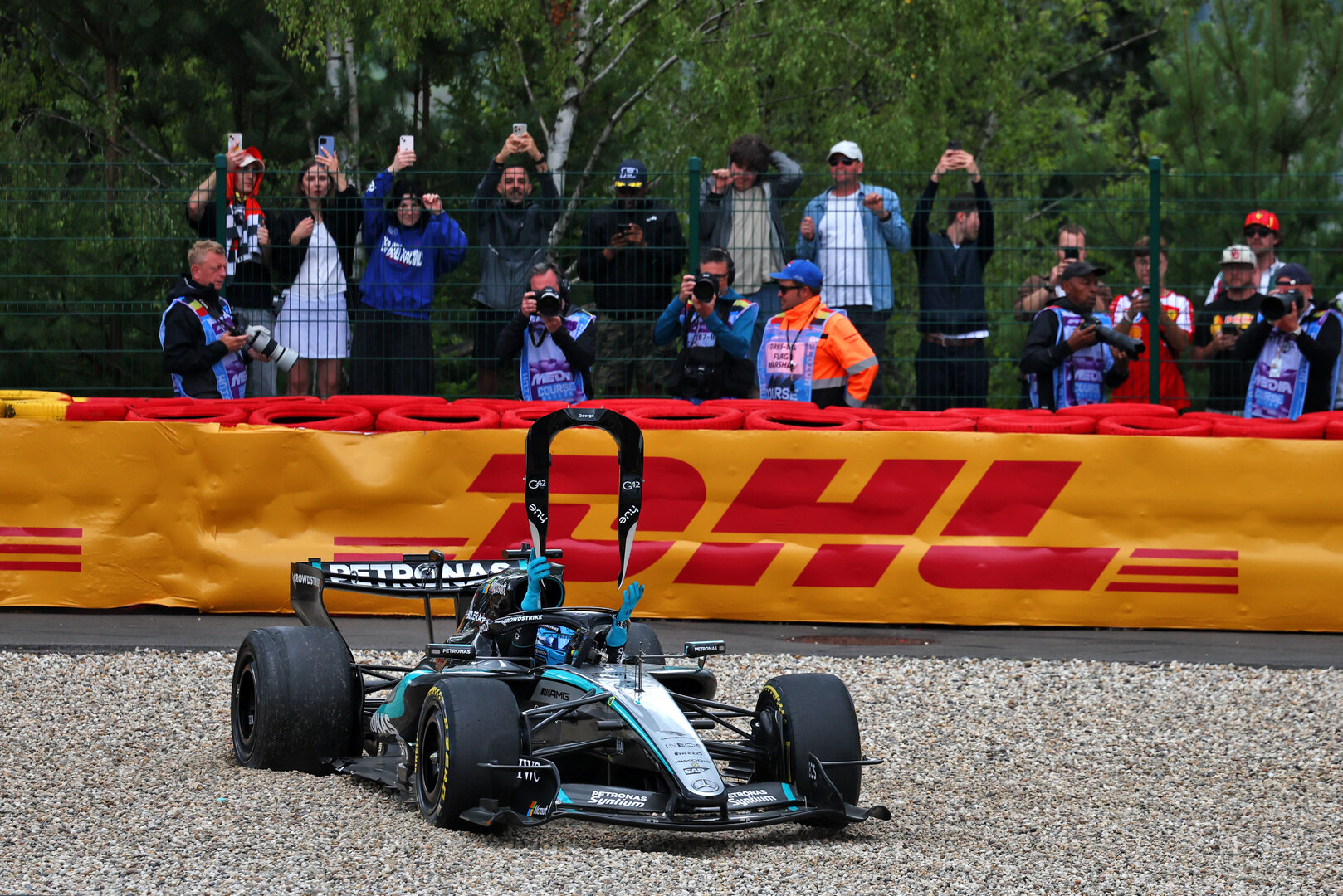 GP BELGIO, George Russell (GBR) Mercedes AMG Formula One Team W17 retired from the race.
19.07.2026. Formula 1 World Championship, Rd 10, Belgian Grand Prix, Spa Francorchamps, Belgium, Gara Day.
 - www.xpbimages.com, EMail: requests@xpbimages.com © Copyright: Patching / XPB Images