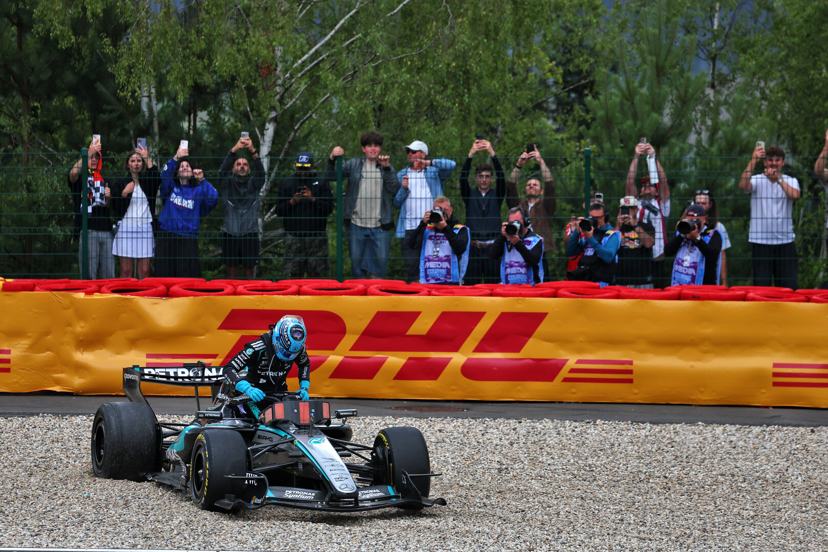 GP BELGIO, George Russell (GBR) Mercedes AMG Formula One Team W17 retired from the race.
19.07.2026. Formula 1 World Championship, Rd 10, Belgian Grand Prix, Spa Francorchamps, Belgium, Gara Day.
 - www.xpbimages.com, EMail: requests@xpbimages.com © Copyright: Patching / XPB Images