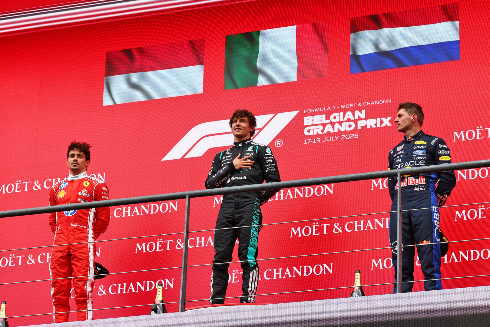 GP BELGIO, The podium (L to R): Charles Leclerc (MON) Ferrari, second; Andrea Kimi Antonelli (ITA) Mercedes AMG Formula One Team, vincitore; Max Verstappen (NLD) Red Bull Racing, third.
19.07.2026. Formula 1 World Championship, Rd 10, Belgian Grand Prix, Spa Francorchamps, Belgium, Gara Day.
 - www.xpbimages.com, EMail: requests@xpbimages.com © Copyright: Patching / XPB Images