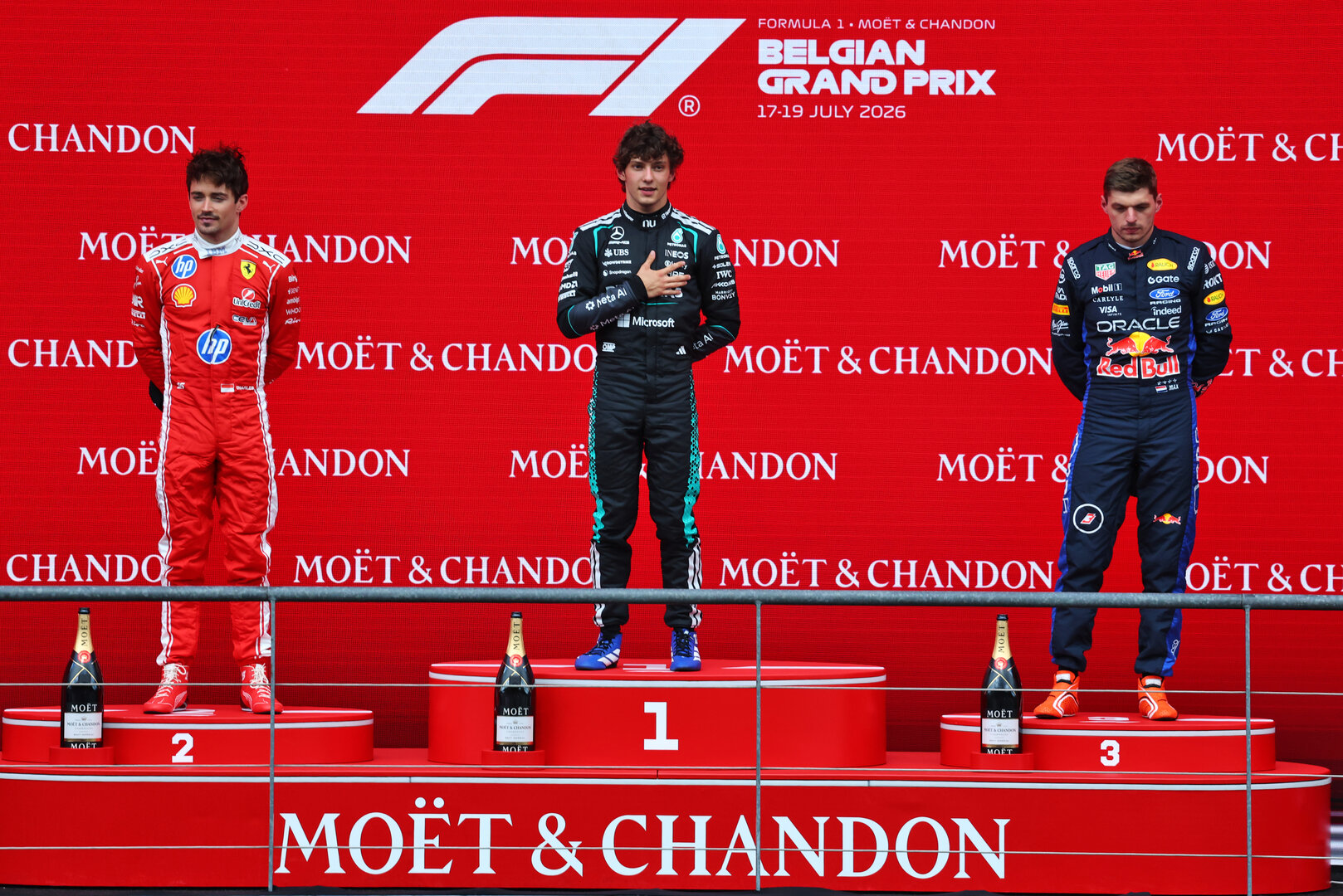 GP BELGIO, The podium (L to R): Charles Leclerc (MON) Ferrari, second; Andrea Kimi Antonelli (ITA) Mercedes AMG Formula One Team, vincitore; Max Verstappen (NLD) Red Bull Racing, third.
19.07.2026. Formula 1 World Championship, Rd 10, Belgian Grand Prix, Spa Francorchamps, Belgium, Gara Day.
- www.xpbimages.com, EMail: requests@xpbimages.com © Copyright: Bearne / XPB Images