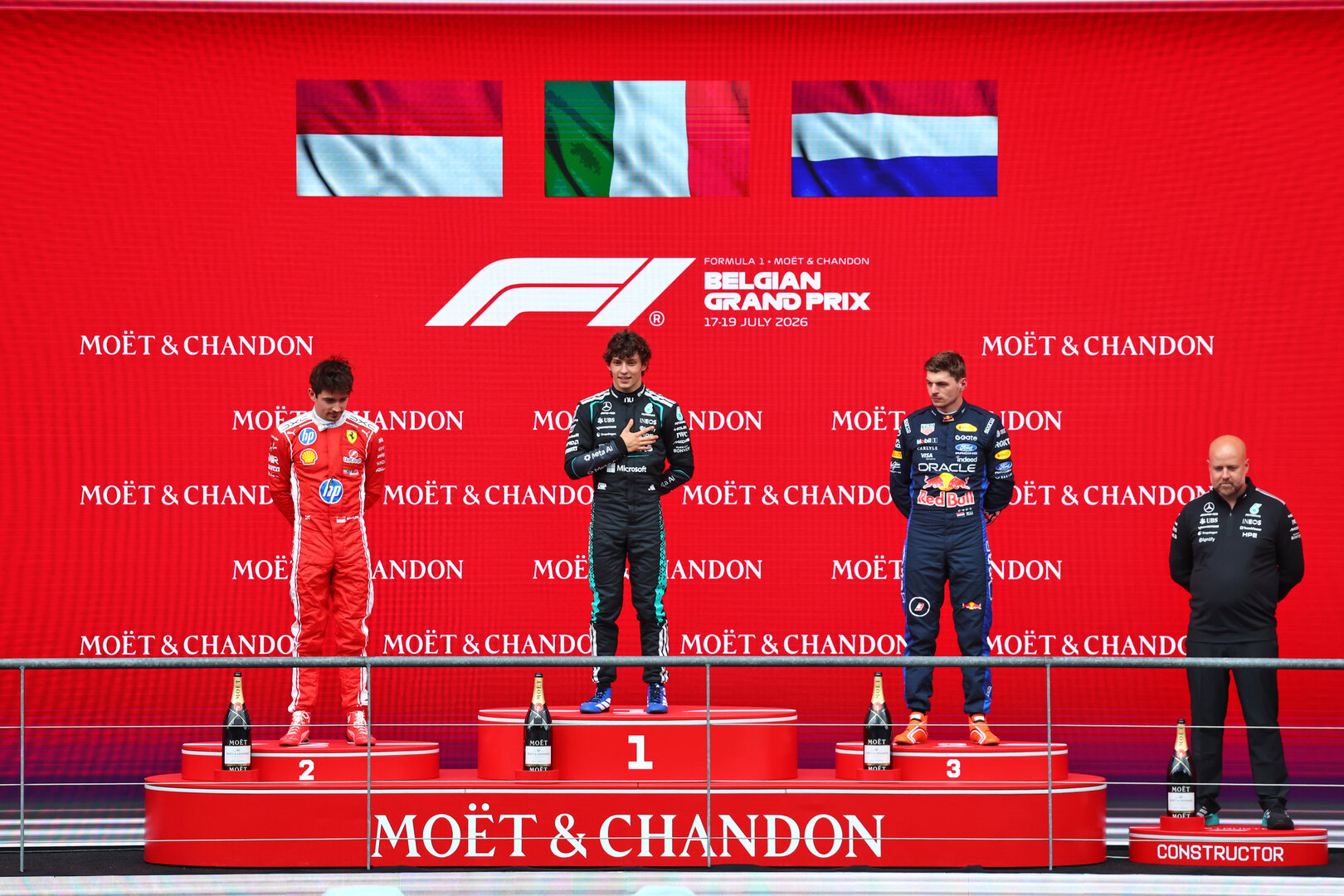 GP BELGIO, The podium (L to R): Charles Leclerc (MON) Ferrari, second; Andrea Kimi Antonelli (ITA) Mercedes AMG Formula One Team, vincitore; Max Verstappen (NLD) Red Bull Racing, third; Tom Batch (GBR) Mercedes AMG F1 Formula One Team Operations Director.
19.07.2026. Formula 1 World Championship, Rd 10, Belgian Grand Prix, Spa Francorchamps, Belgium, Gara Day.
- www.xpbimages.com, EMail: requests@xpbimages.com © Copyright: Bearne / XPB Images