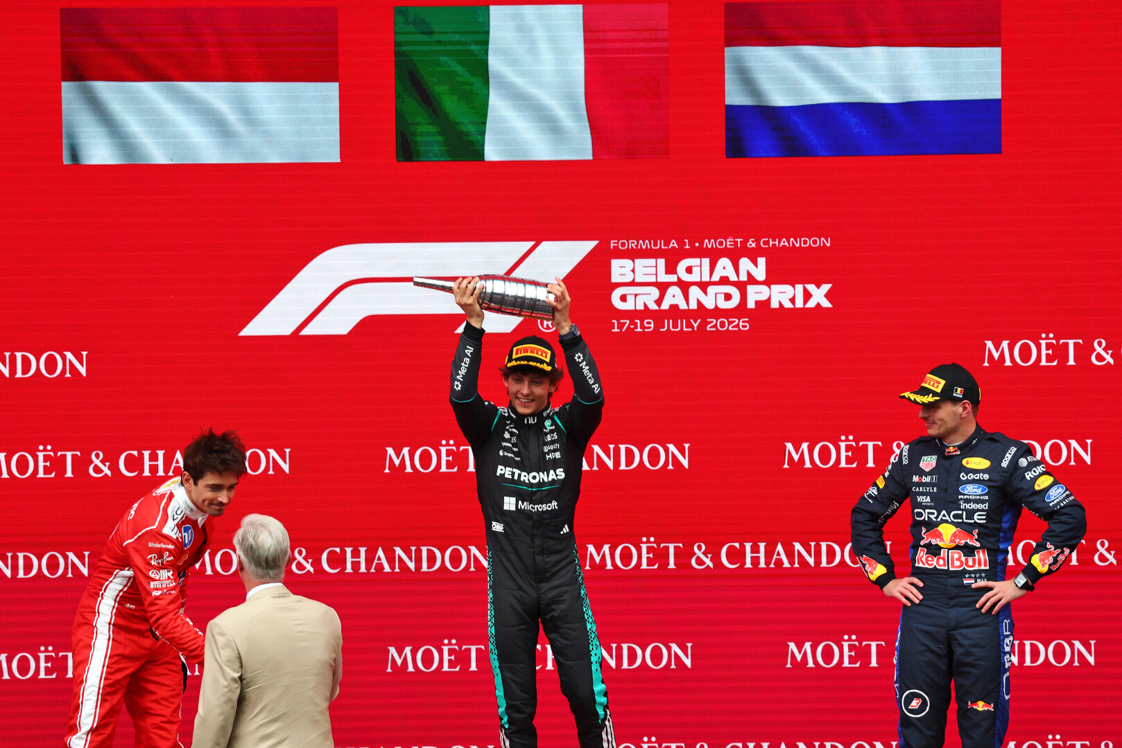 GP BELGIO, The podium (L to R): Charles Leclerc (MON) Ferrari, second; Andrea Kimi Antonelli (ITA) Mercedes AMG Formula One Team, vincitore; Max Verstappen (NLD) Red Bull Racing, third.
19.07.2026. Formula 1 World Championship, Rd 10, Belgian Grand Prix, Spa Francorchamps, Belgium, Gara Day.
- www.xpbimages.com, EMail: requests@xpbimages.com © Copyright: Bearne / XPB Images