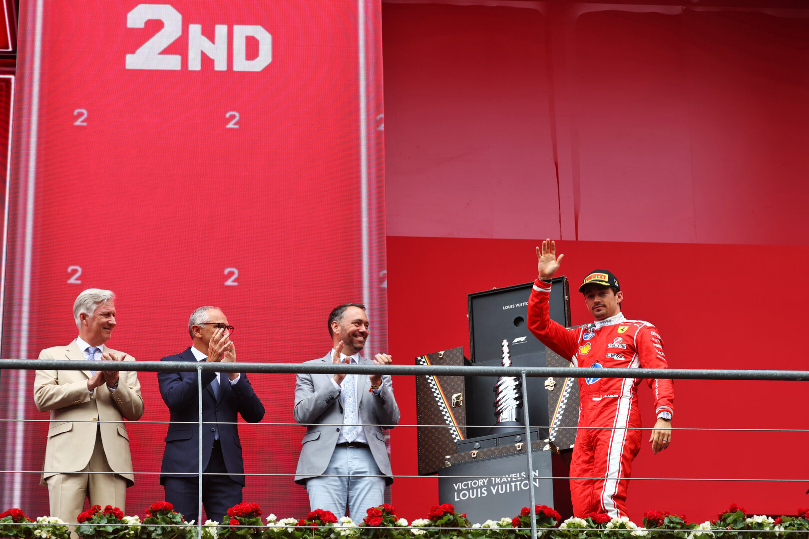 GP BELGIO, Charles Leclerc (MON) Ferrari celebrates his second position on the podium.
19.07.2026. Formula 1 World Championship, Rd 10, Belgian Grand Prix, Spa Francorchamps, Belgium, Gara Day.
- www.xpbimages.com, EMail: requests@xpbimages.com © Copyright: Patching / XPB Images