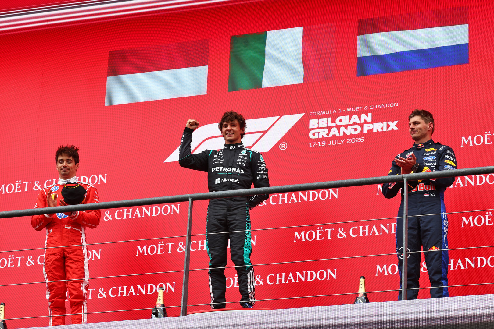 GP BELGIO, The podium (L to R): Charles Leclerc (MON) Ferrari, second; Andrea Kimi Antonelli (ITA) Mercedes AMG Formula One Team, vincitore; Max Verstappen (NLD) Red Bull Racing, third.
19.07.2026. Formula 1 World Championship, Rd 10, Belgian Grand Prix, Spa Francorchamps, Belgium, Gara Day.
 - www.xpbimages.com, EMail: requests@xpbimages.com © Copyright: Patching / XPB Images