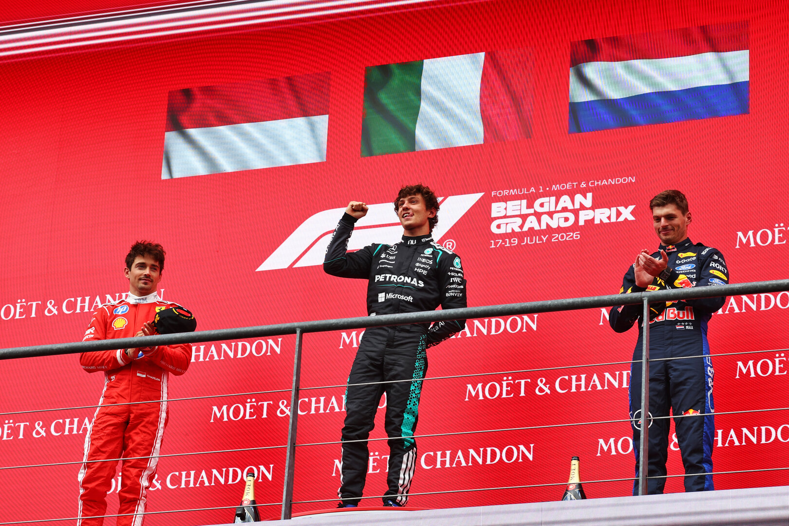 GP BELGIO, The podium (L to R): Charles Leclerc (MON) Ferrari, second; Andrea Kimi Antonelli (ITA) Mercedes AMG Formula One Team, vincitore; Max Verstappen (NLD) Red Bull Racing, third.
19.07.2026. Formula 1 World Championship, Rd 10, Belgian Grand Prix, Spa Francorchamps, Belgium, Gara Day.
 - www.xpbimages.com, EMail: requests@xpbimages.com © Copyright: Patching / XPB Images