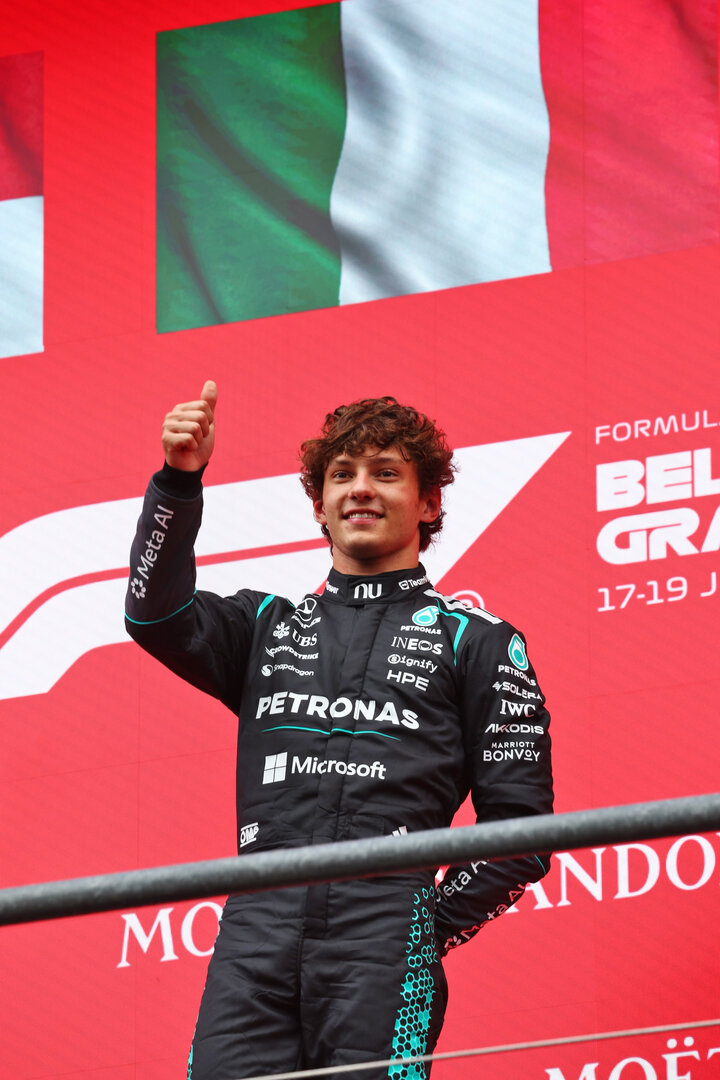 GP BELGIO, Gara winner Andrea Kimi Antonelli (ITA) Mercedes AMG Formula One Team celebrates on the podium.
19.07.2026. Formula 1 World Championship, Rd 10, Belgian Grand Prix, Spa Francorchamps, Belgium, Gara Day.
 - www.xpbimages.com, EMail: requests@xpbimages.com © Copyright: Patching / XPB Images