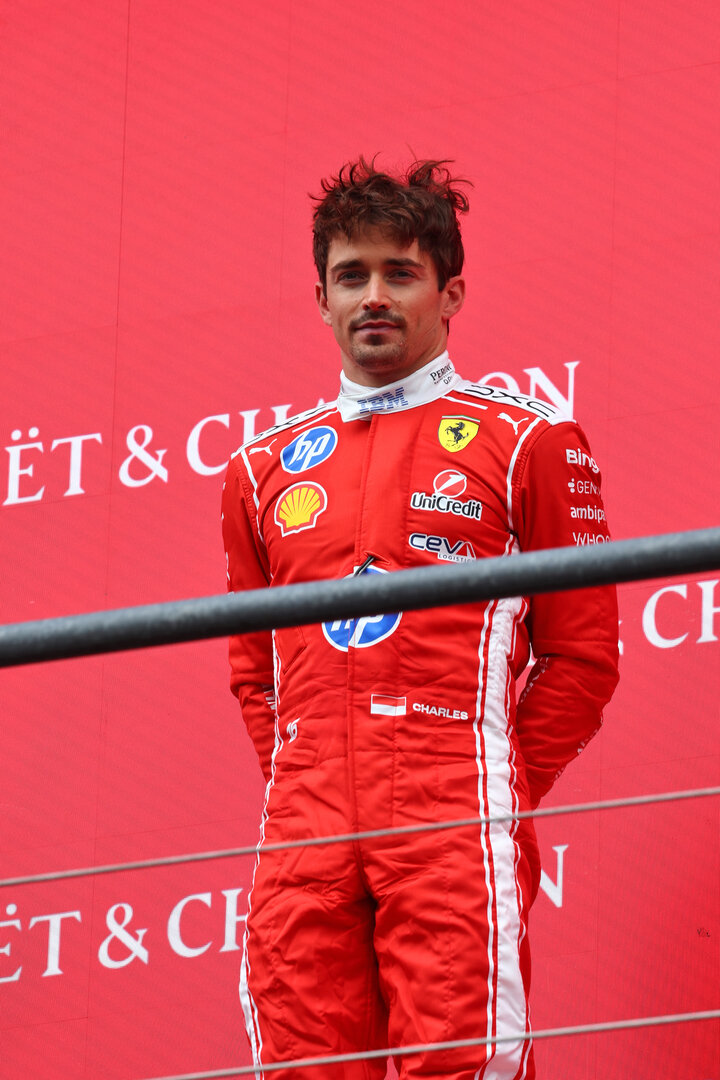 GP BELGIO, Second placed Charles Leclerc (MON) Ferrari on the podium.
19.07.2026. Formula 1 World Championship, Rd 10, Belgian Grand Prix, Spa Francorchamps, Belgium, Gara Day.
 - www.xpbimages.com, EMail: requests@xpbimages.com © Copyright: Patching / XPB Images