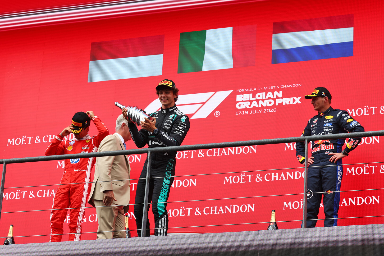 GP BELGIO, The podium (L to R): Charles Leclerc (MON) Ferrari, second; Andrea Kimi Antonelli (ITA) Mercedes AMG Formula One Team, vincitore; Max Verstappen (NLD) Red Bull Racing, third.
19.07.2026. Formula 1 World Championship, Rd 10, Belgian Grand Prix, Spa Francorchamps, Belgium, Gara Day.
 - www.xpbimages.com, EMail: requests@xpbimages.com © Copyright: Patching / XPB Images