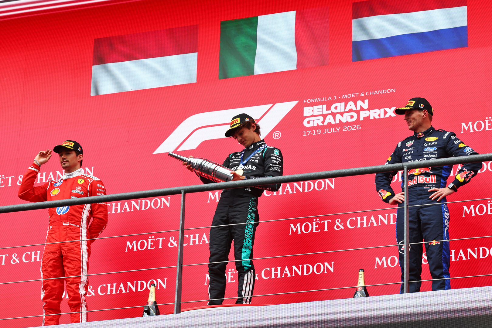 GP BELGIO, The podium (L to R): Charles Leclerc (MON) Ferrari, second; Andrea Kimi Antonelli (ITA) Mercedes AMG Formula One Team, vincitore; Max Verstappen (NLD) Red Bull Racing, third.
19.07.2026. Formula 1 World Championship, Rd 10, Belgian Grand Prix, Spa Francorchamps, Belgium, Gara Day.
 - www.xpbimages.com, EMail: requests@xpbimages.com © Copyright: Patching / XPB Images