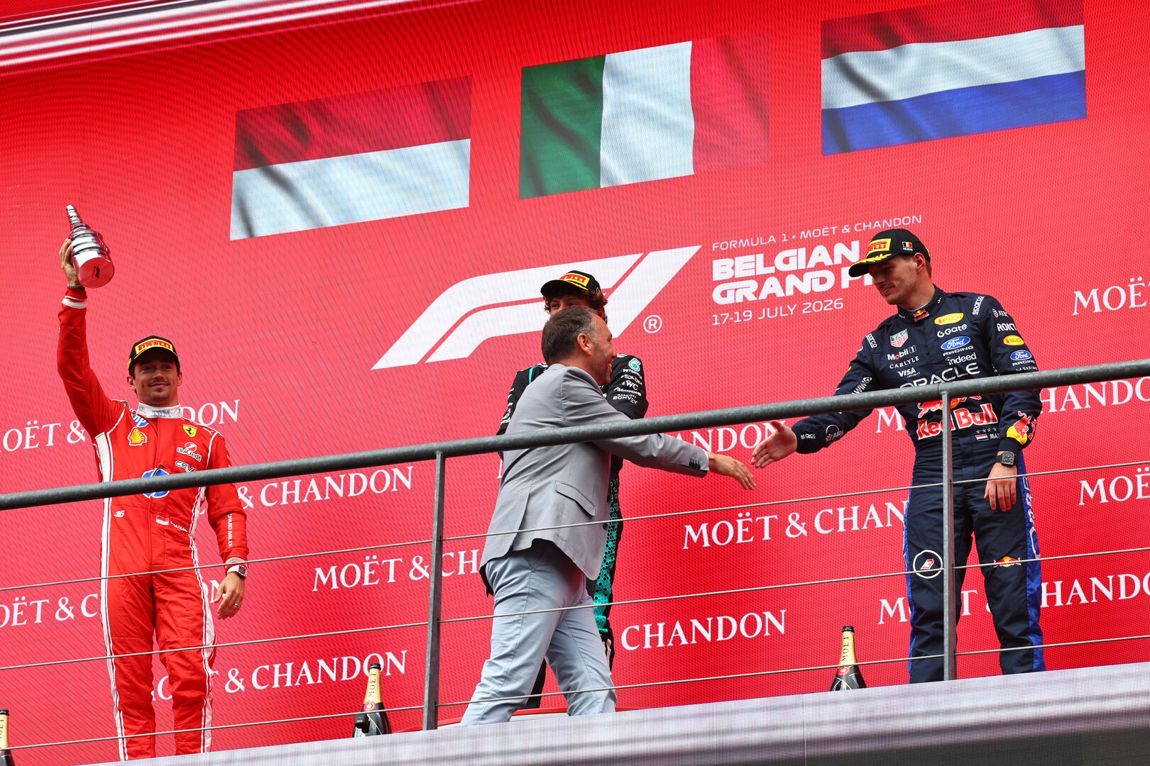 GP BELGIO, The podium (L to R): Charles Leclerc (MON) Ferrari, second; Andrea Kimi Antonelli (ITA) Mercedes AMG Formula One Team, vincitore; Max Verstappen (NLD) Red Bull Racing, third.
19.07.2026. Formula 1 World Championship, Rd 10, Belgian Grand Prix, Spa Francorchamps, Belgium, Gara Day.
 - www.xpbimages.com, EMail: requests@xpbimages.com © Copyright: Patching / XPB Images