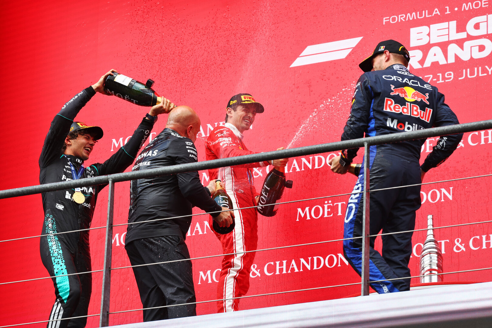 GP BELGIO, The podium: Charles Leclerc (MON) Ferrari, second; Andrea Kimi Antonelli (ITA) Mercedes AMG Formula One Team, vincitore; Max Verstappen (NLD) Red Bull Racing, third; Tom Batch (GBR) Mercedes AMG F1 Formula One Team Operations Director.
19.07.2026. Formula 1 World Championship, Rd 10, Belgian Grand Prix, Spa Francorchamps, Belgium, Gara Day.
 - www.xpbimages.com, EMail: requests@xpbimages.com © Copyright: Patching / XPB Images