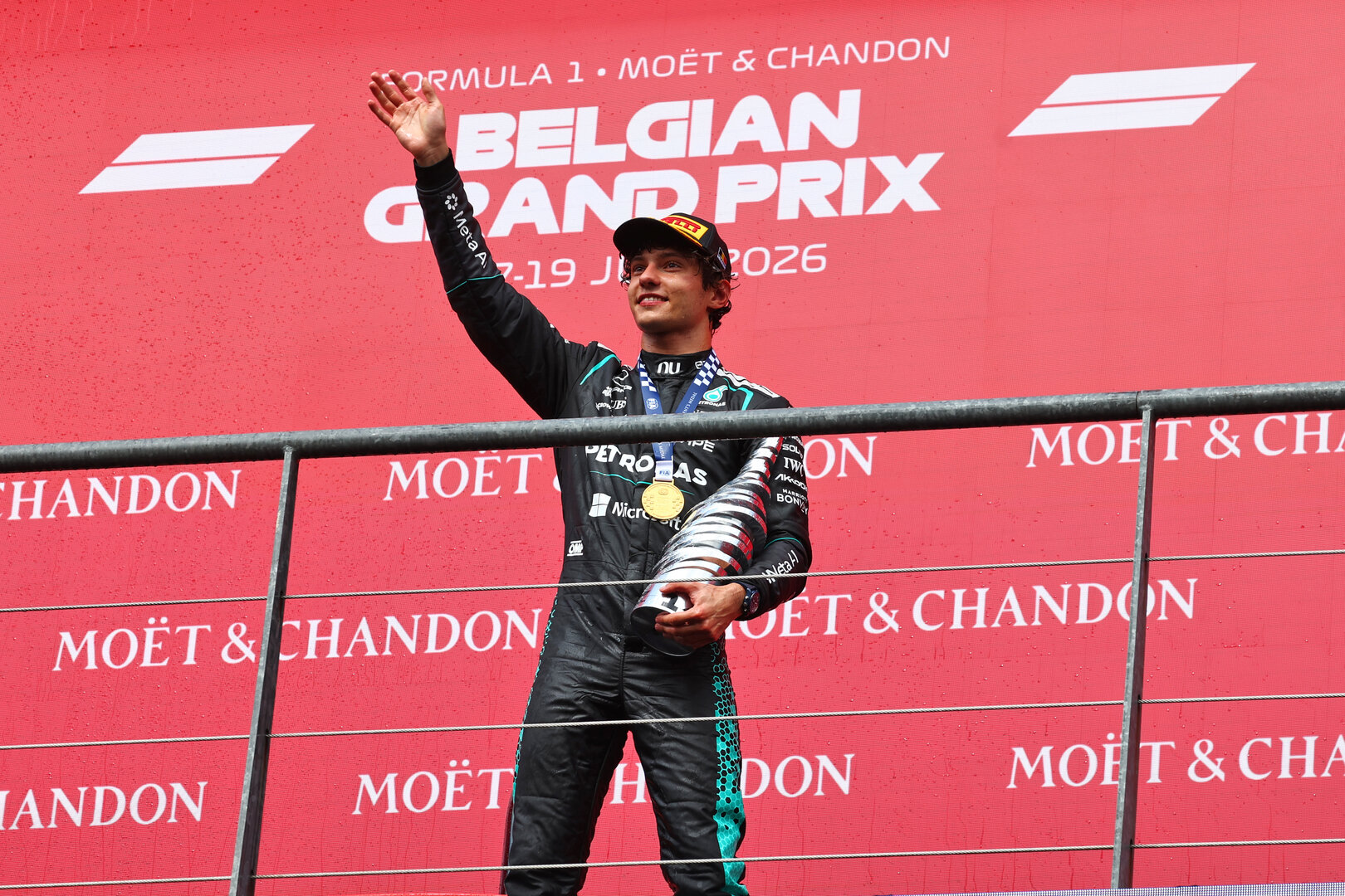 GP BELGIO, Gara winner Andrea Kimi Antonelli (ITA) Mercedes AMG Formula One Team celebrates on the podium.
19.07.2026. Formula 1 World Championship, Rd 10, Belgian Grand Prix, Spa Francorchamps, Belgium, Gara Day.
 - www.xpbimages.com, EMail: requests@xpbimages.com © Copyright: Patching / XPB Images