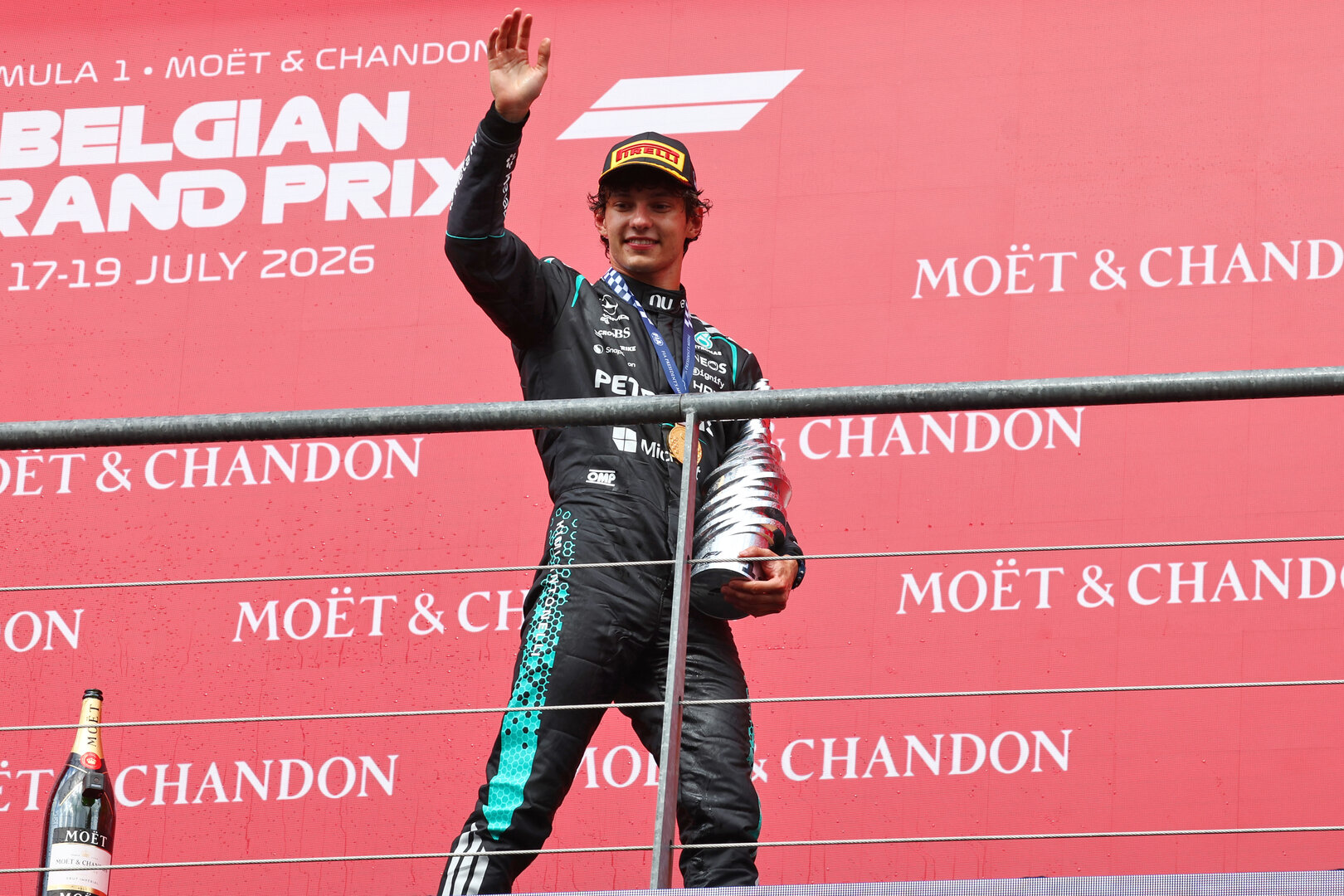 GP BELGIO, Gara winner Andrea Kimi Antonelli (ITA) Mercedes AMG Formula One Team celebrates on the podium.
19.07.2026. Formula 1 World Championship, Rd 10, Belgian Grand Prix, Spa Francorchamps, Belgium, Gara Day.
 - www.xpbimages.com, EMail: requests@xpbimages.com © Copyright: Patching / XPB Images