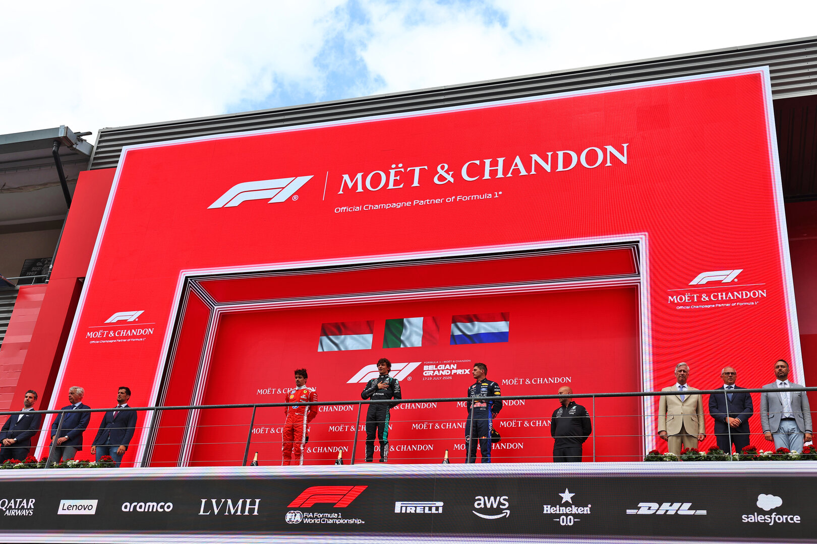 GP BELGIO, The podium (L to R): Charles Leclerc (MON) Ferrari, second; Andrea Kimi Antonelli (ITA) Mercedes AMG Formula One Team, vincitore; Max Verstappen (NLD) Red Bull Racing, third; Tom Batch (GBR) Mercedes AMG F1 Formula One Team Operations Director.
19.07.2026. Formula 1 World Championship, Rd 10, Belgian Grand Prix, Spa Francorchamps, Belgium, Gara Day.
- www.xpbimages.com, EMail: requests@xpbimages.com © Copyright: Patching / XPB Images