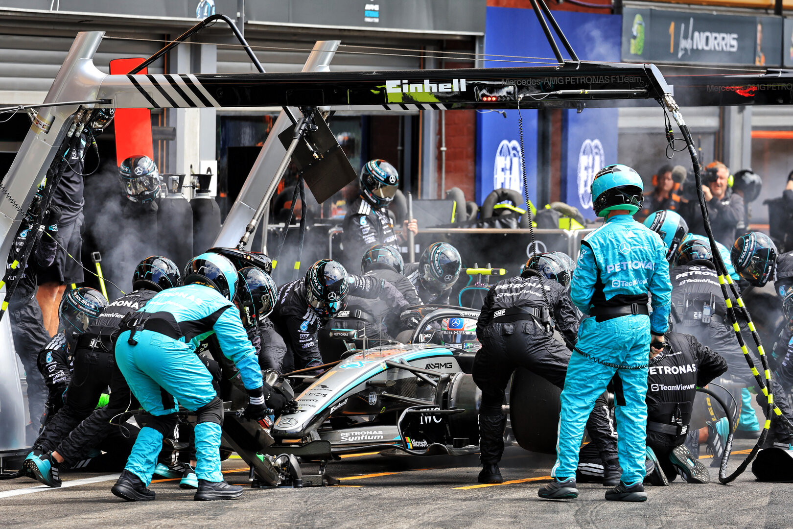 GP BELGIO, Andrea Kimi Antonelli (ITA) Mercedes AMG Formula One Team W17 makes a pit stop.
19.07.2026. Formula 1 World Championship, Rd 10, Belgian Grand Prix, Spa Francorchamps, Belgium, Gara Day.
- www.xpbimages.com, EMail: requests@xpbimages.com © Copyright: XPB Images