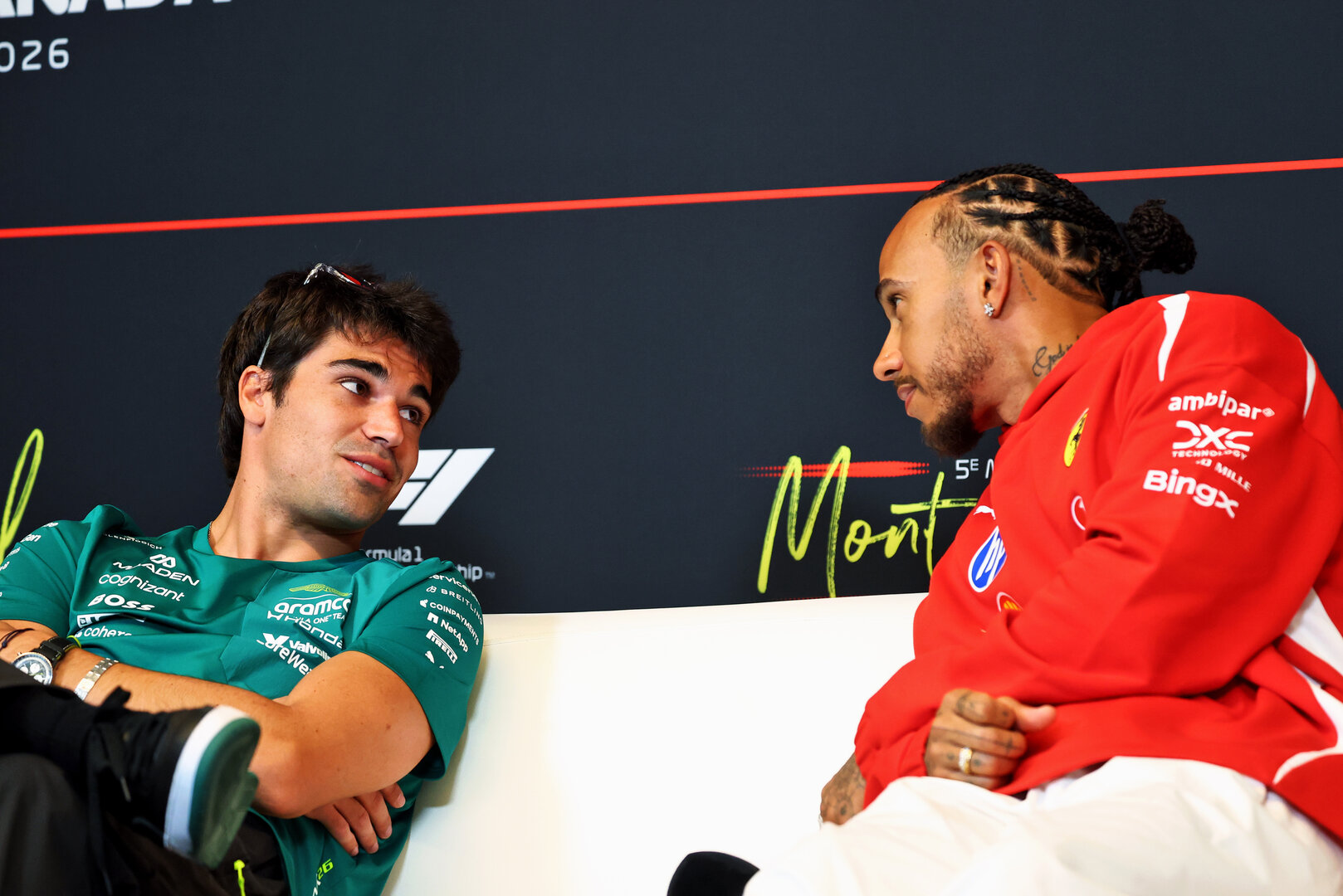 GP CANADA, (L to R): Lance Stroll (CDN) Aston Martin F1 Team e Lewis Hamilton (GBR) Ferrari in the FIA Press Conference.
21.05.2026. Formula 1 World Championship, Rd 5, Canadian Grand Prix, Montreal, Canada, Preparation Day.
- www.xpbimages.com, EMail: requests@xpbimages.com © Copyright: Bearne / XPB Images