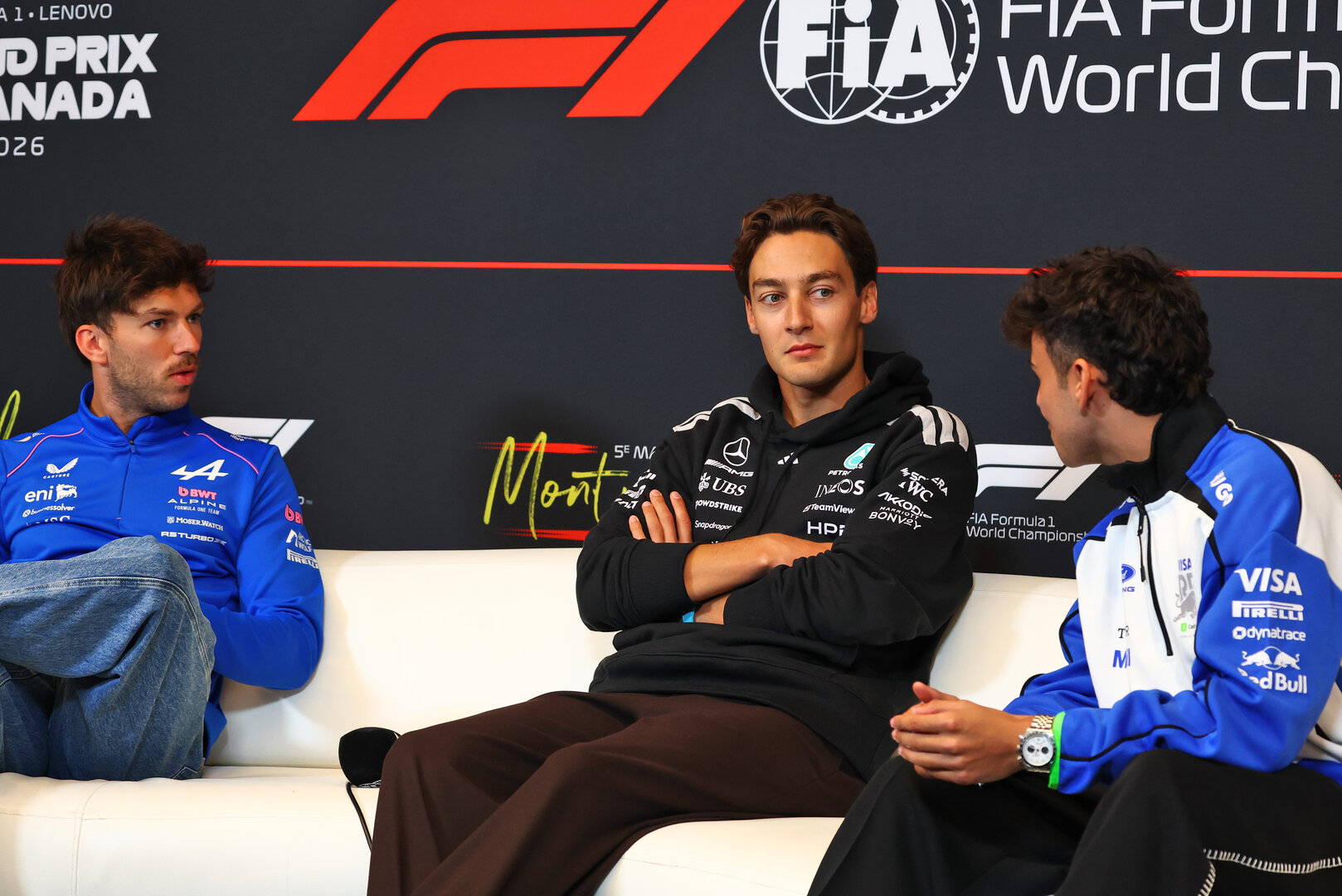 GP CANADA, (L to R): Pierre Gasly (FRA) Alpine F1 Team; George Russell (GBR) Mercedes AMG Formula One Team; e Arvid Lindblad (GBR) Racing Bulls Formula One Team, in the FIA Press Conference.
21.05.2026. Formula 1 World Championship, Rd 5, Canadian Grand Prix, Montreal, Canada, Preparation Day.
- www.xpbimages.com, EMail: requests@xpbimages.com © Copyright: Bearne / XPB Images