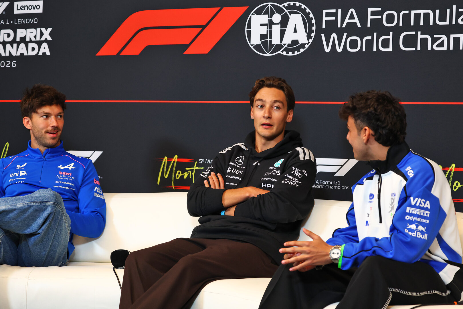 GP CANADA, (L to R): Pierre Gasly (FRA) Alpine F1 Team; George Russell (GBR) Mercedes AMG Formula One Team; e Arvid Lindblad (GBR) Racing Bulls Formula One Team, in the FIA Press Conference.
21.05.2026. Formula 1 World Championship, Rd 5, Canadian Grand Prix, Montreal, Canada, Preparation Day.
- www.xpbimages.com, EMail: requests@xpbimages.com © Copyright: Bearne / XPB Images