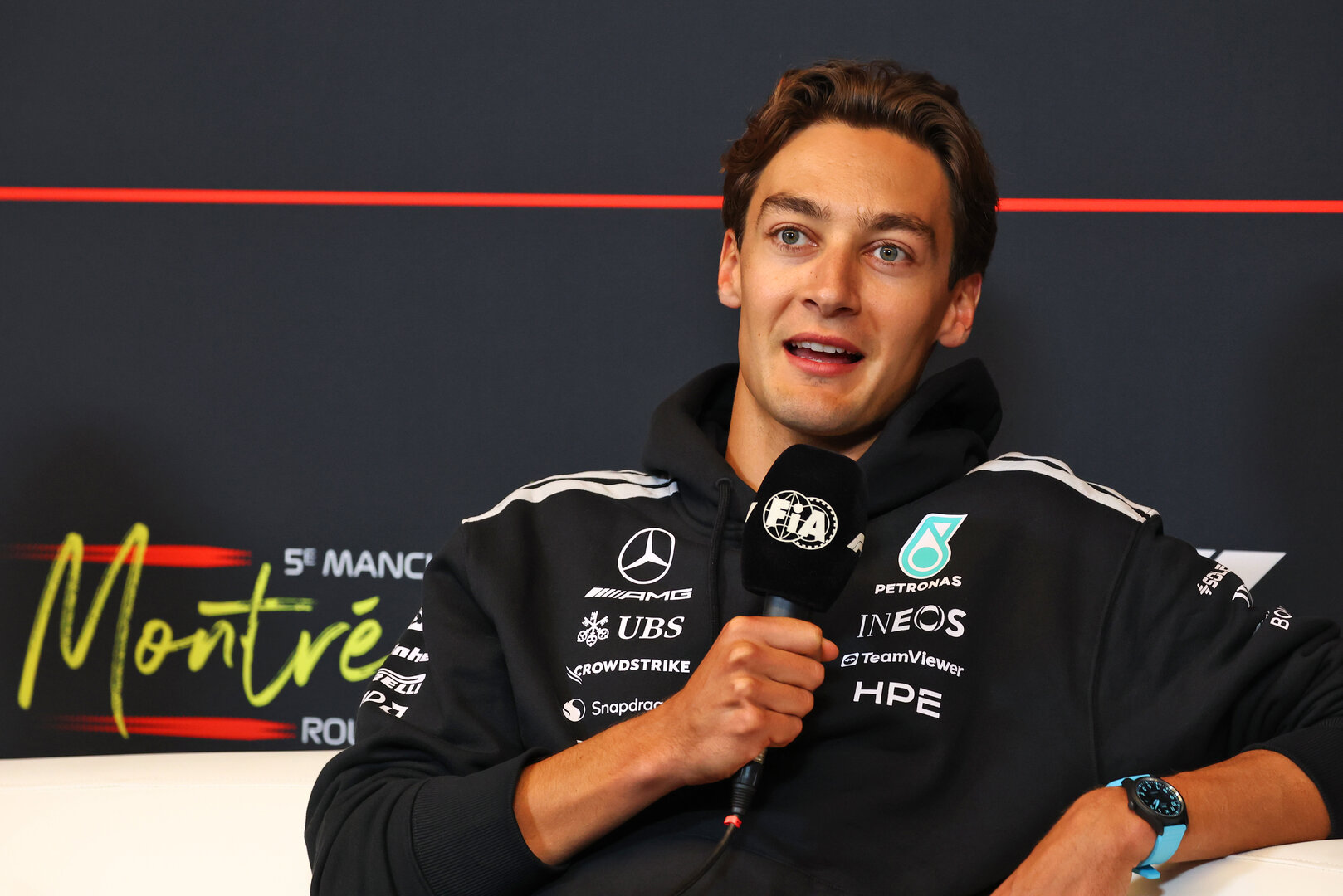 GP CANADA, George Russell (GBR) Mercedes AMG Formula One Team in the FIA Press Conference.
21.05.2026. Formula 1 World Championship, Rd 5, Canadian Grand Prix, Montreal, Canada, Preparation Day.
- www.xpbimages.com, EMail: requests@xpbimages.com © Copyright: Bearne / XPB Images