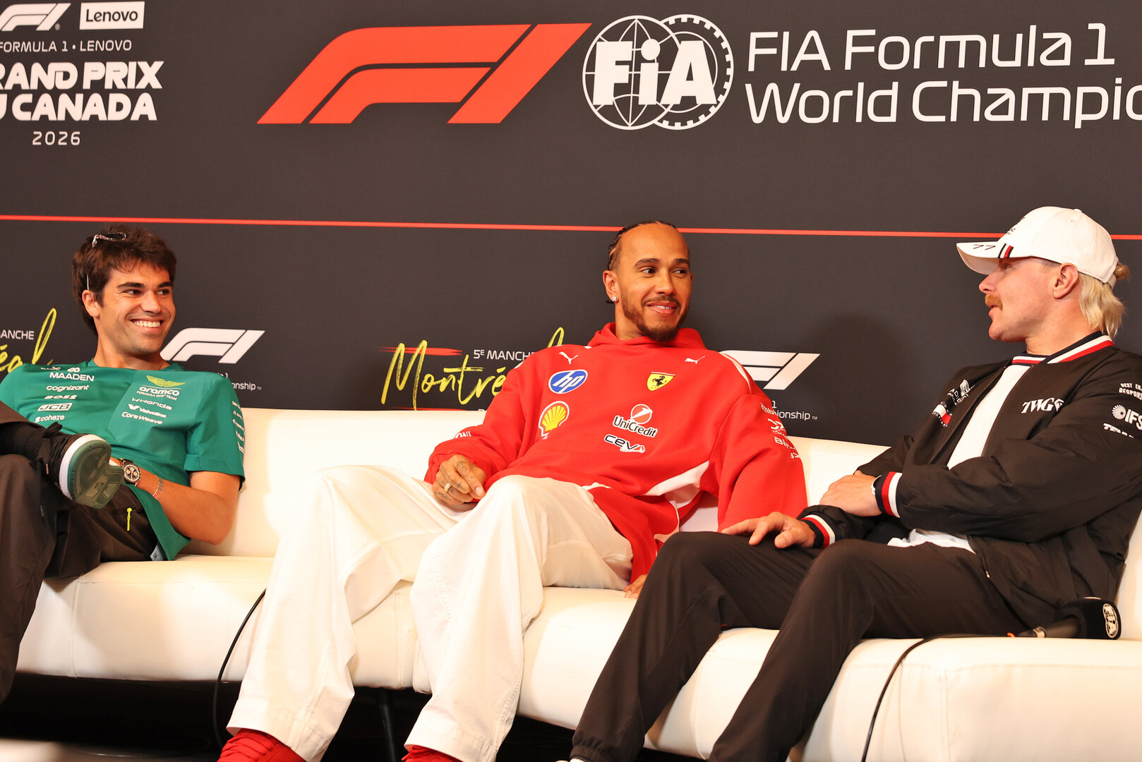 GP CANADA, (L to R): Lance Stroll (CDN) Aston Martin F1 Team; Lewis Hamilton (GBR) Ferrari; e Valtteri Bottas (FIN) Cadillac Formula 1 Team, in the FIA Press Conference.
21.05.2026. Formula 1 World Championship, Rd 5, Canadian Grand Prix, Montreal, Canada, Preparation Day.
- www.xpbimages.com, EMail: requests@xpbimages.com © Copyright: Bearne / XPB Images