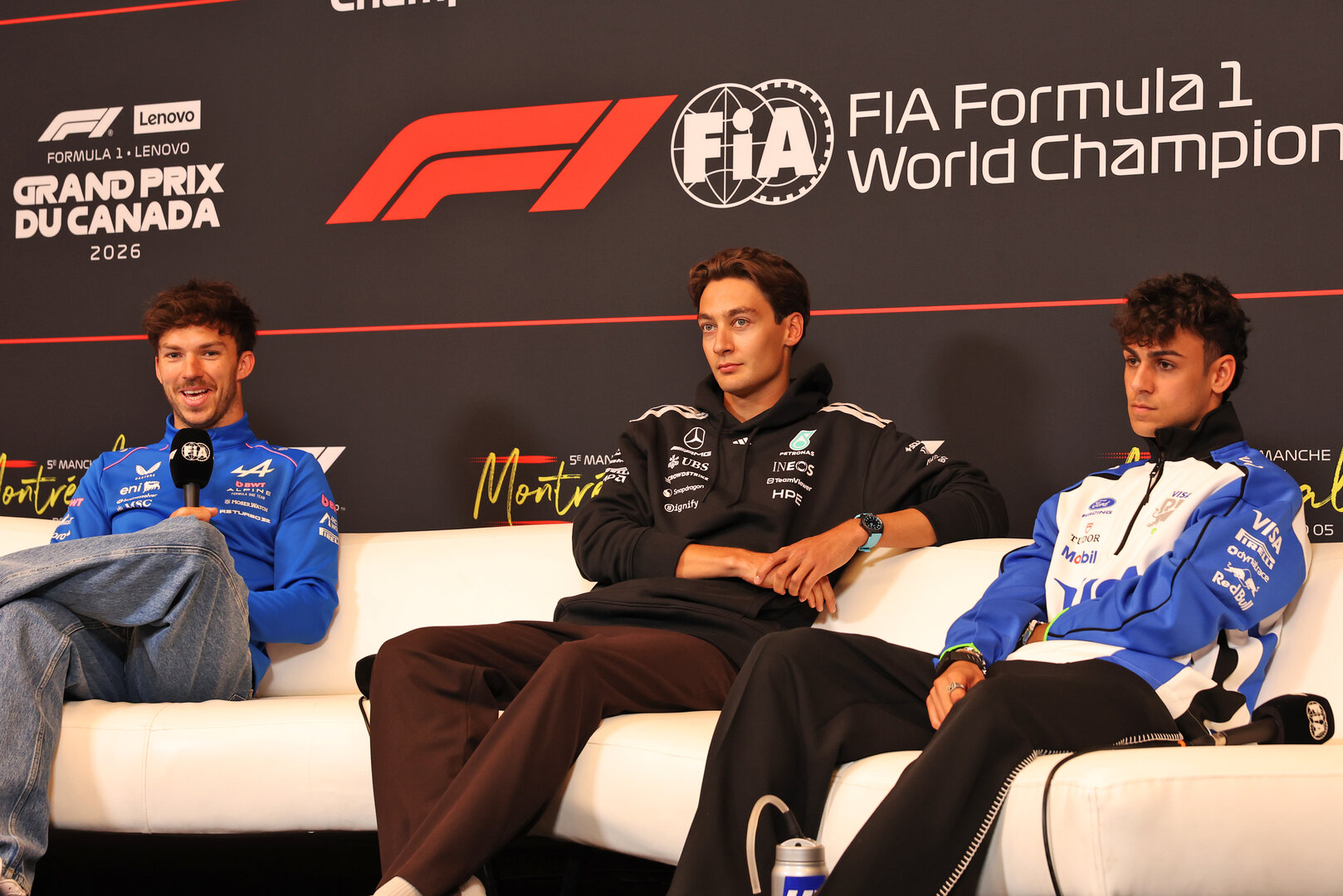 GP CANADA, (L to R): Pierre Gasly (FRA) Alpine F1 Team; George Russell (GBR) Mercedes AMG Formula One Team; e Arvid Lindblad (GBR) Racing Bulls Formula One Team, in the FIA Press Conference.
21.05.2026. Formula 1 World Championship, Rd 5, Canadian Grand Prix, Montreal, Canada, Preparation Day.
- www.xpbimages.com, EMail: requests@xpbimages.com © Copyright: Bearne / XPB Images