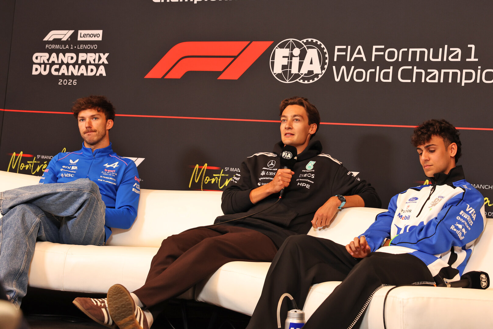 GP CANADA, (L to R): Pierre Gasly (FRA) Alpine F1 Team; George Russell (GBR) Mercedes AMG Formula One Team; e Arvid Lindblad (GBR) Racing Bulls Formula One Team, in the FIA Press Conference.
21.05.2026. Formula 1 World Championship, Rd 5, Canadian Grand Prix, Montreal, Canada, Preparation Day.
- www.xpbimages.com, EMail: requests@xpbimages.com © Copyright: Bearne / XPB Images
