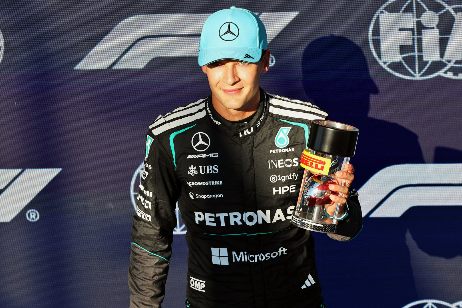 GP CANADA, George Russell (GBR) Mercedes AMG Formula One Team celebrates his pole position in Sprint Qualifiche parc ferme.
22.05.2026. Formula 1 World Championship, Rd 5, Canadian Grand Prix, Montreal, Canada, Sprint Qualifiche Day.
- www.xpbimages.com, EMail: requests@xpbimages.com © Copyright: Batchelor / XPB Images