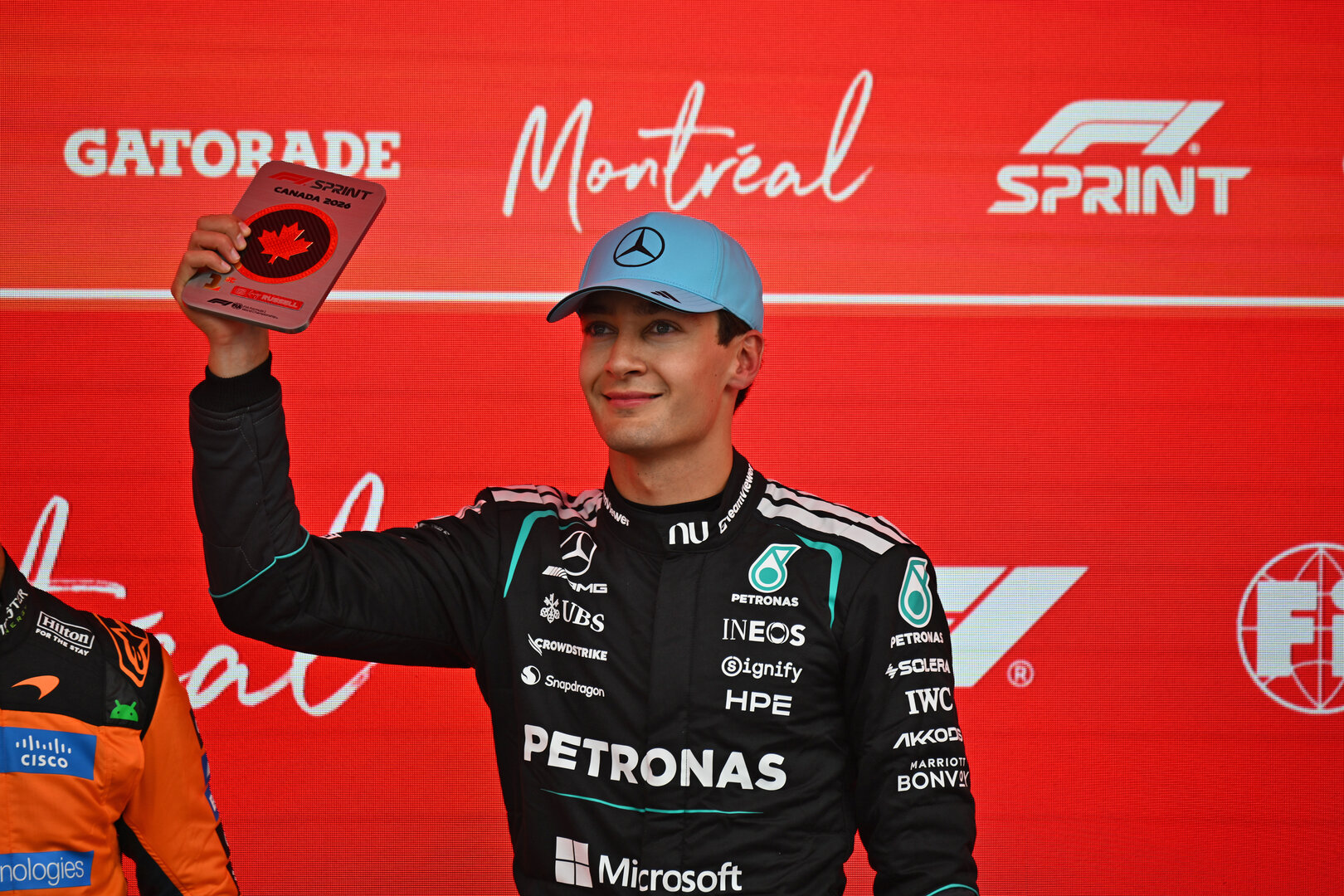 GP CANADA, Gara winner George Russell (GBR) Mercedes AMG Formula One Team celebrates in Sprint parc ferme.
23.05.2026. Formula 1 World Championship, Rd 5, Canadian Grand Prix, Montreal, Canada, Sprint e Qualifiche Day.
- www.xpbimages.com, EMail: requests@xpbimages.com © Copyright: Price / XPB Images